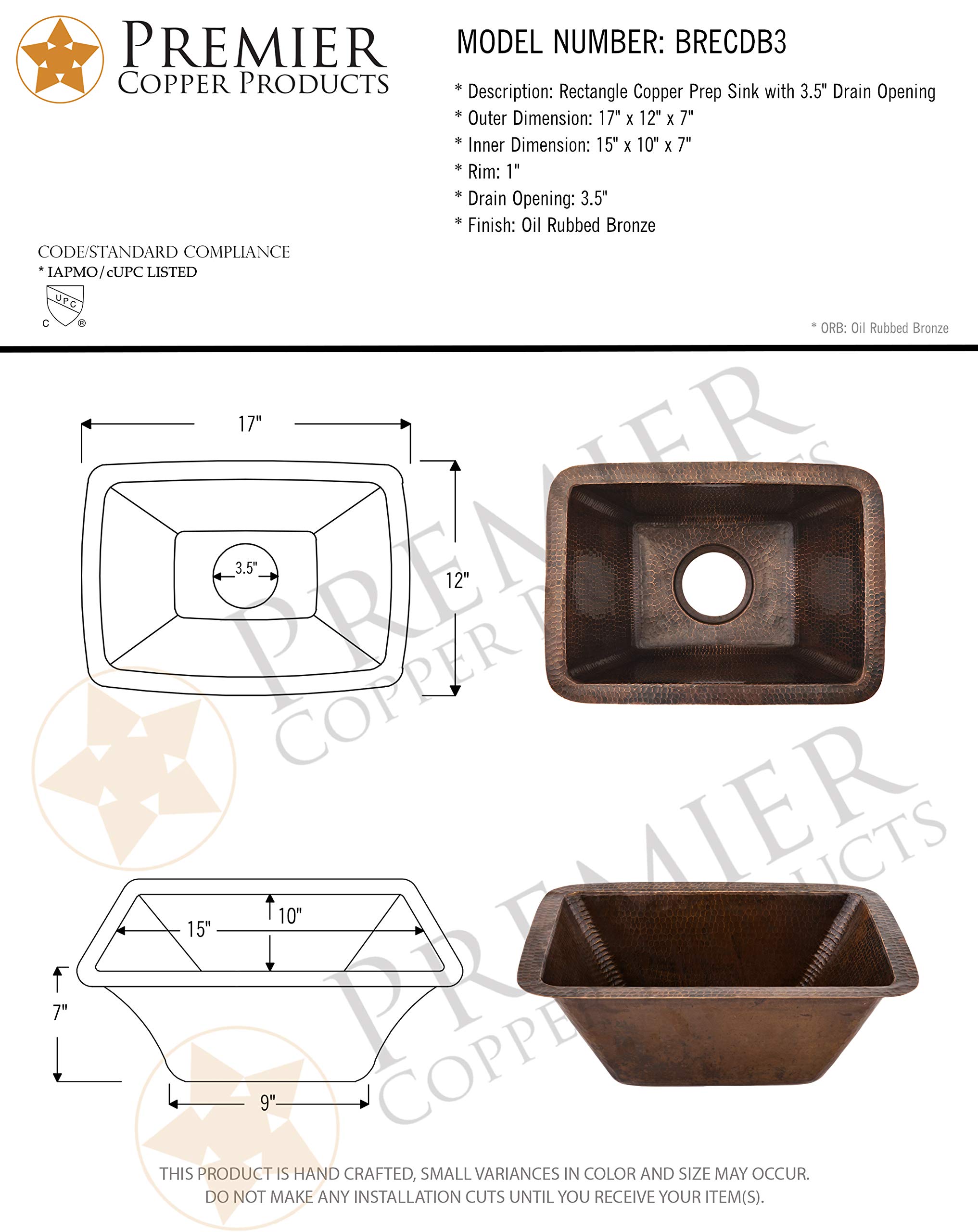 Premier Copper Products BRECDB3 17-Inch Rectangle Copper Kitchen Sink with 3.5-Inch Drain Size, Oil Rubbed Bronze Finish - Perfect for Farmhouse, Rustic & Modern Kitchen Designs