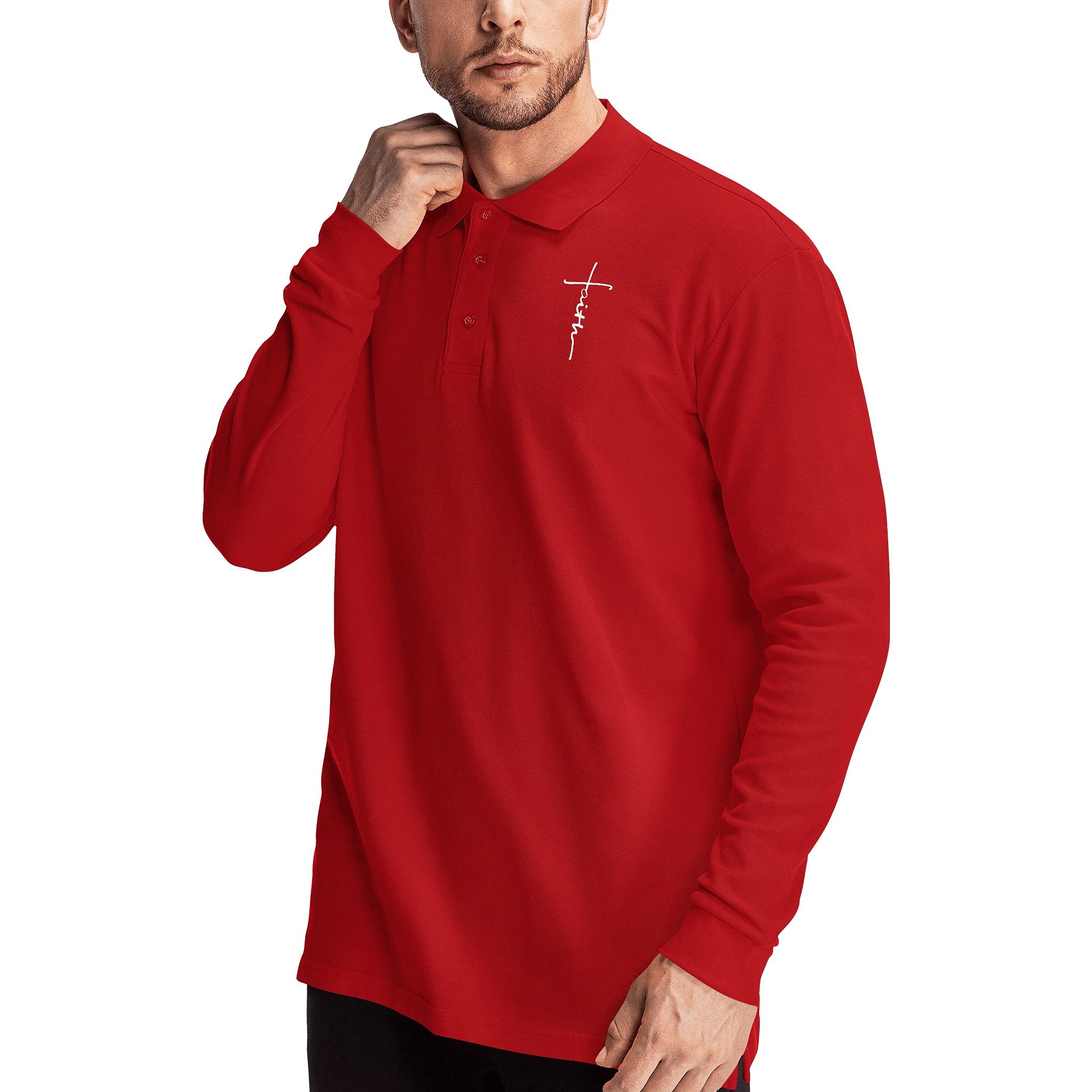 Cross Faith Jesus Cotton Polo T-Shirts for Men - Religious Christian Long Sleeve Summer Shirts - Perfect for Church Services, Bible Study & Christian Events