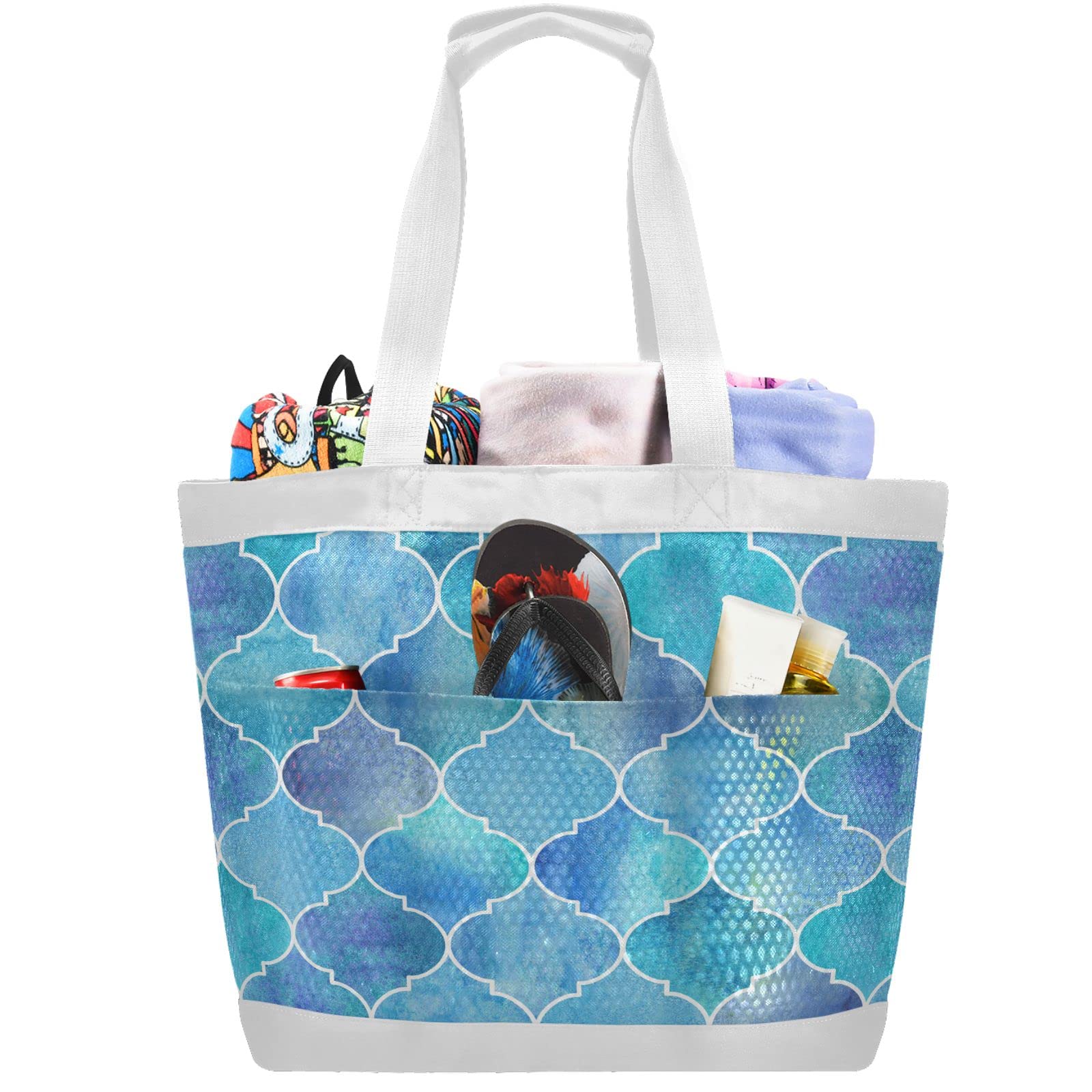 J JOYSAY Blue Moroccan Style Mesh Beach Tote Bag - Large Reusable Tote for Women, Perfect for Beach, Gym, Grocery Shopping & Daily Use