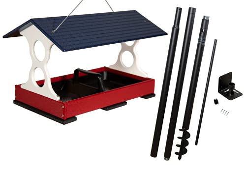 Patriotic Large Fly-Thru Bird Feeder with Universal Mounting Pole Kit - Holds 8 Cups of Wild Bird Seed - Perfect for Backyard Bird Watching & Outdoor Decoration