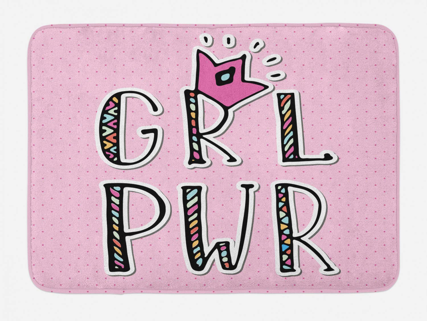 Ambesonne Girl Power Bath Mat - Non-Slip Plush Bathroom Rug with Ornamental Font, Stripes & Polka Dots Design, 30.2