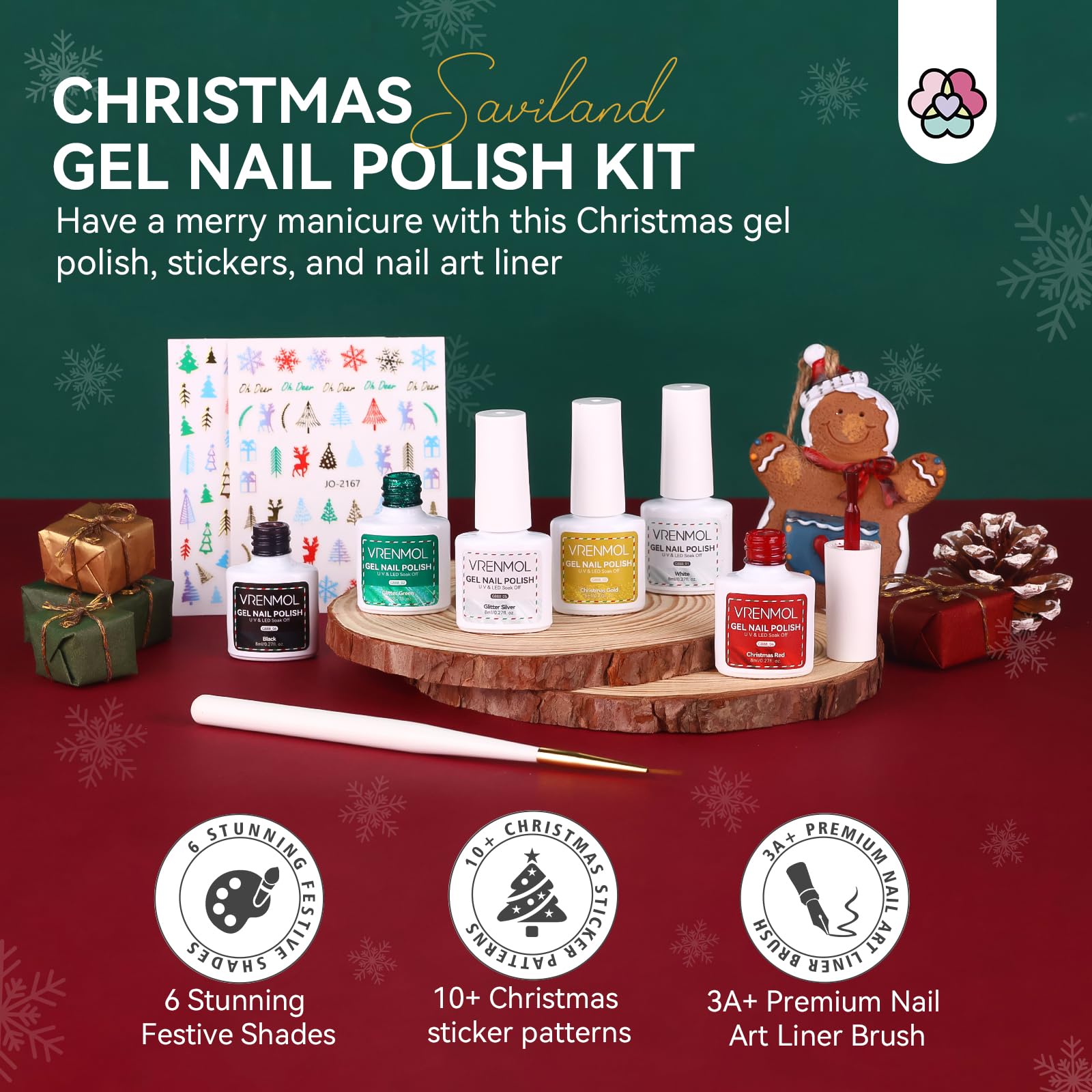 Vrenmol Christmas Gel Nail Polish Set - 6 Colors Glitter Soak Off LED Gel Polish Kit (0.27oz) with Nail Art Stickers & Liner | Red, Green, Gold, Silver Holiday Nail Designs for Home Salon, DIY Manicure & Party Nail Art