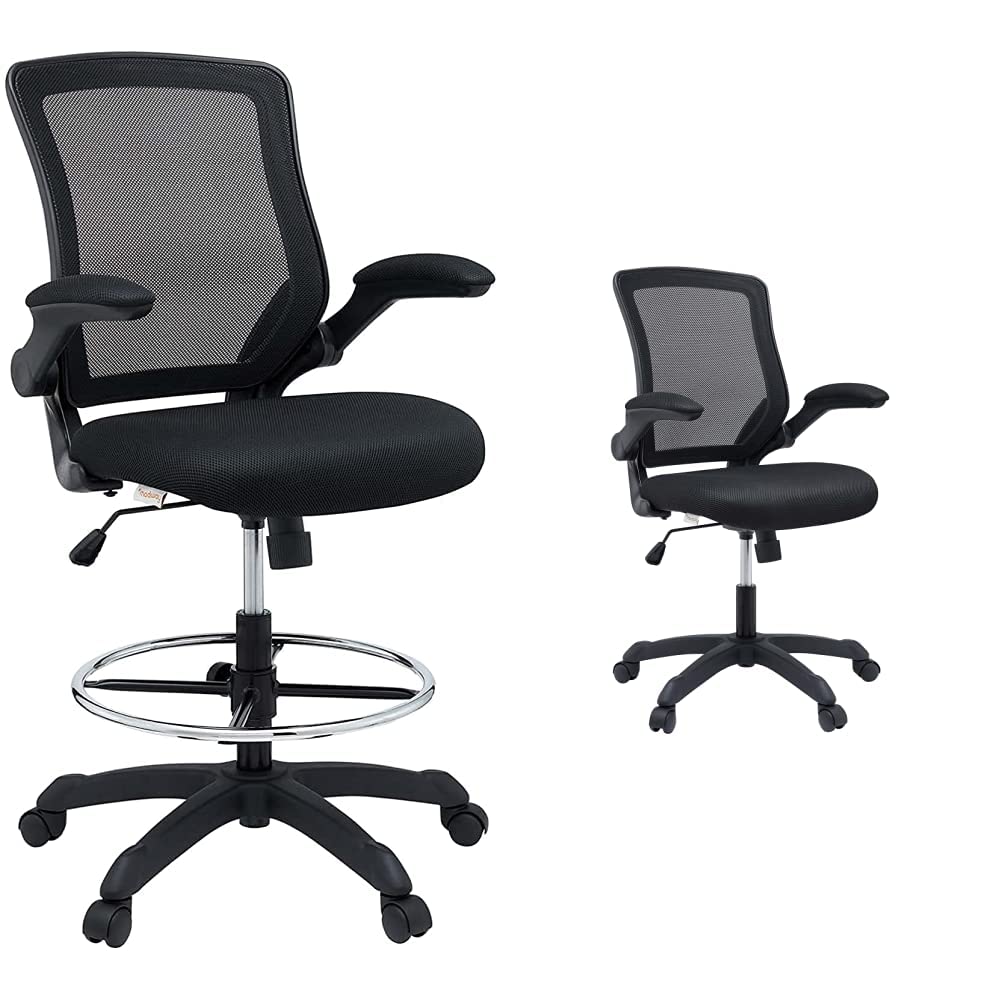 Modway Veer Ergonomic Office Chair & Drafting Chair Set - Adjustable Height, Swivel, Black - Perfect for Home Office, Gaming & Workspace