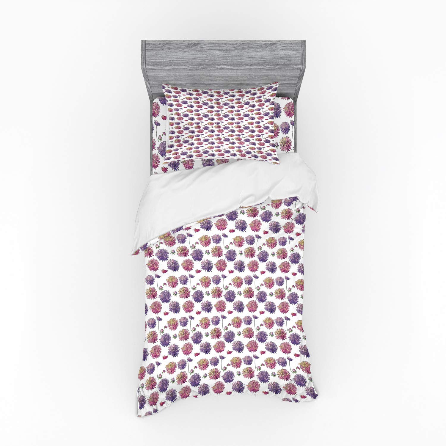 Ambesonne Floral Duvet Cover Set - Hand-Painted Aster Flowers Design on Plain Background, 3-Piece Bedding Set with Pillow Sham & Fitted Sheet, Twin Size, Violet Pink Cream - Perfect for Bedroom Decor, Guest Room, and Cozy Home Styling