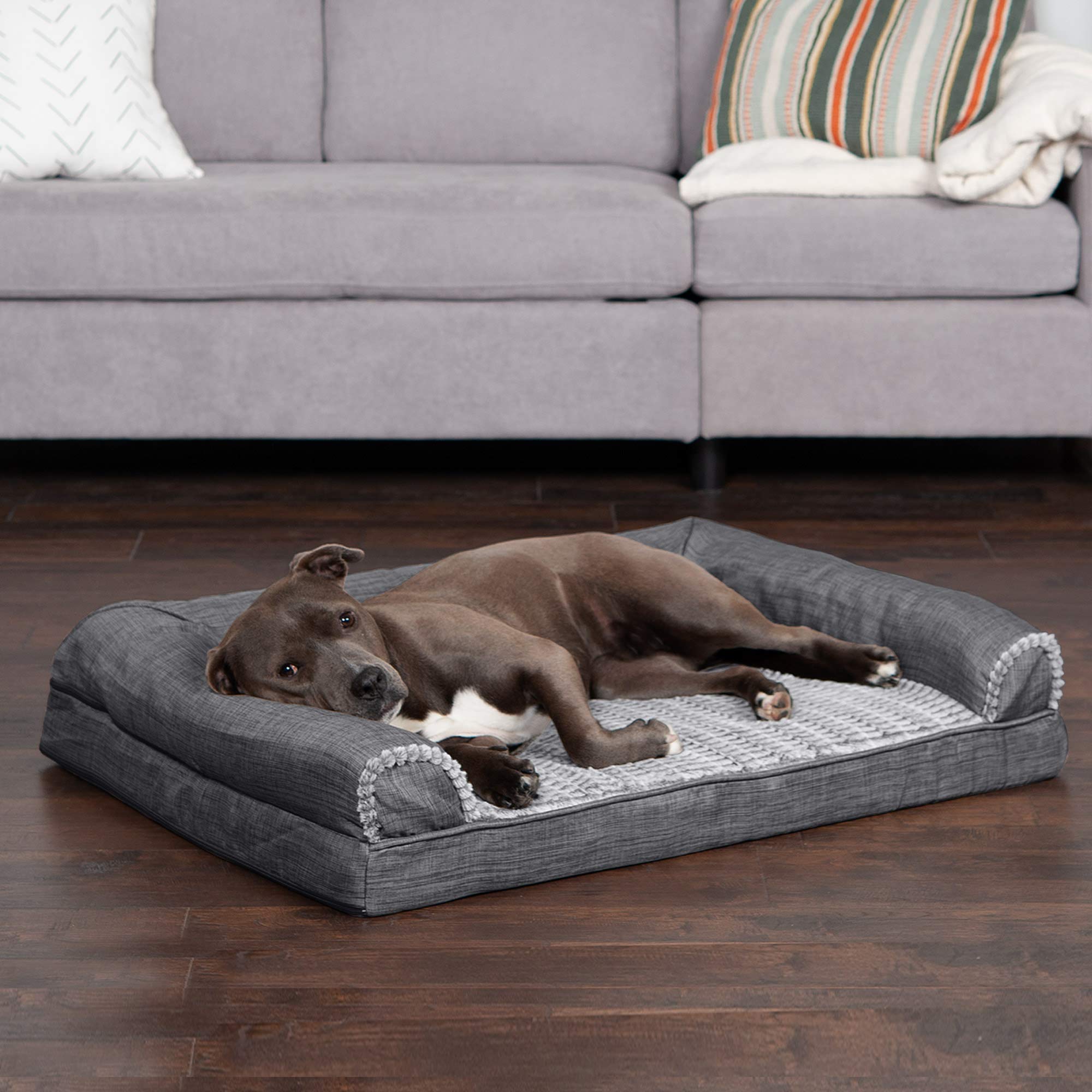 **Furhaven Orthopedic Dog Bed for Large & Medium Dogs - Removable Bolsters & Washable Cover - Supports Up to 55 lbs - Plush Faux Fur & Durable Linen Sofa Style - Charcoal (Large) - Perfect for Living Room, Bedroom, or Pet-Friendly Spaces**