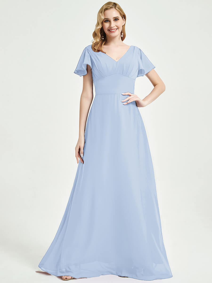 Cornflower Blue Ruffle Sleeve Backless Chiffon Empire Bridesmaid Dress - Elegant Formal Gown for Weddings, Prom & Special Occasions