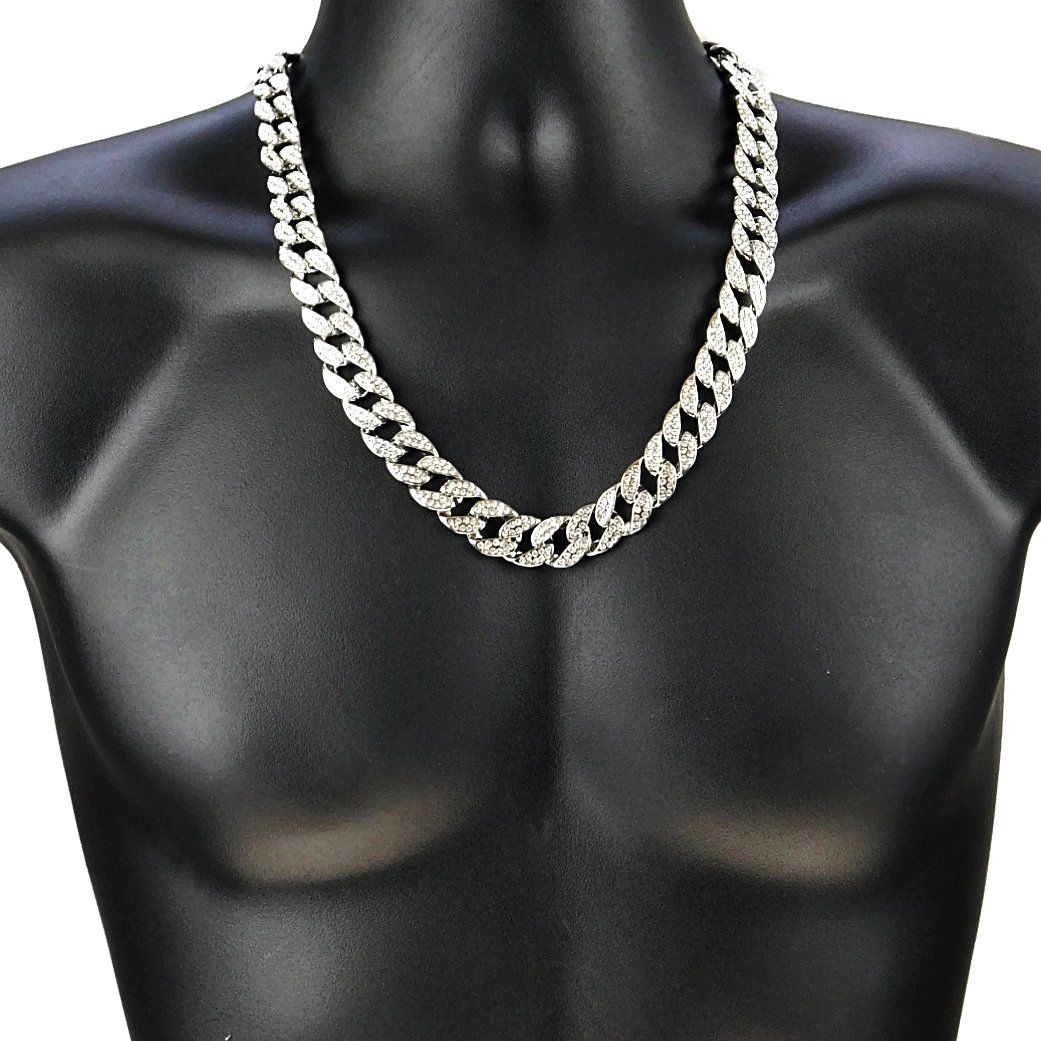 Men's Silver Tone Iced Cuban Link Hip Hop Chain Necklace - 24 Inch Length, 15MM Width - Perfect for Streetwear, Rap Performances & Urban Fashion Accessories