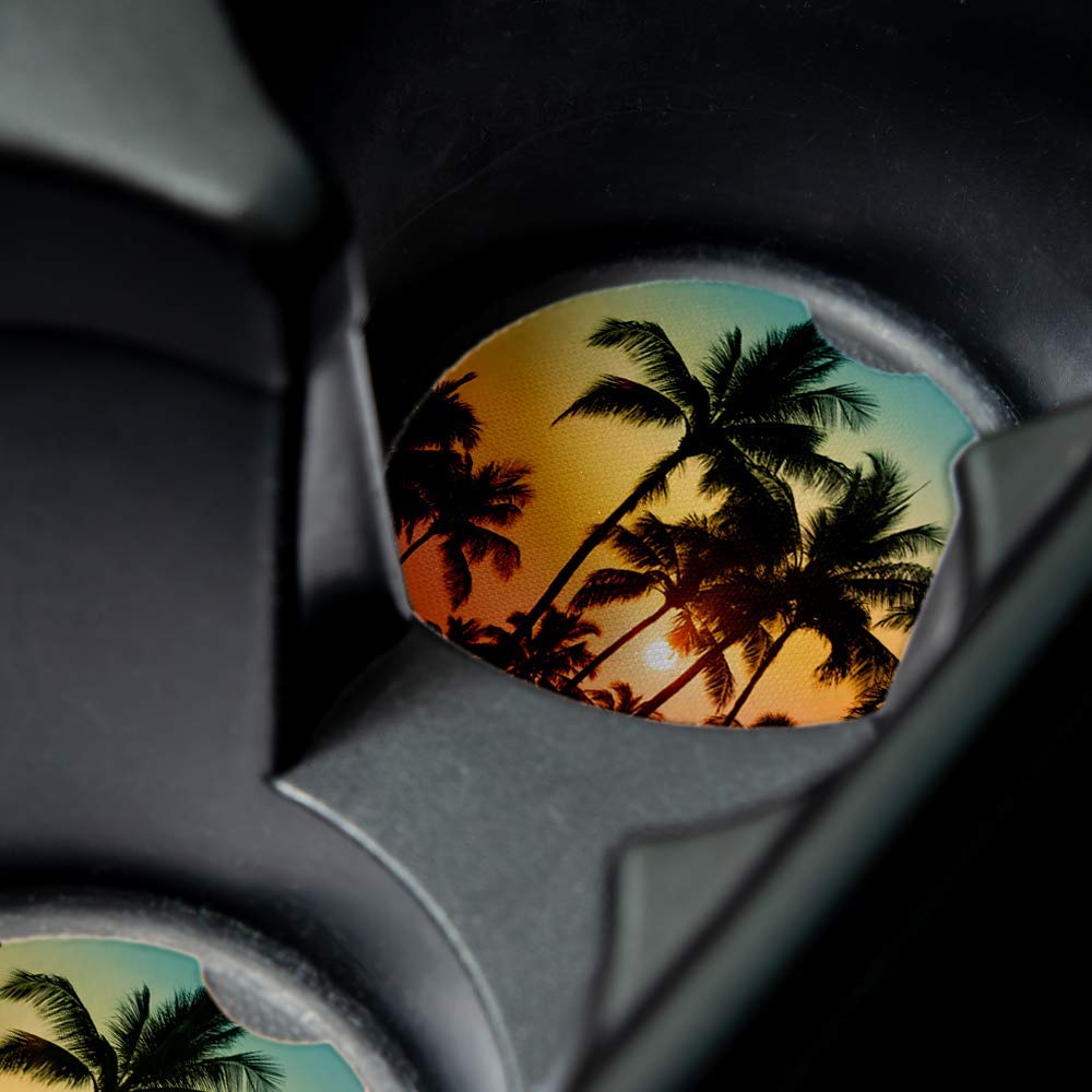 Palm Tree Sunset Car Coasters Set of 2 - Absorbent Drink Coasters with Non-Slip Rubber Backing (2.56 Inch) - Perfect Car Accessories for Coffee, Soda & Water Cups - Great for Road Trips & Commuting