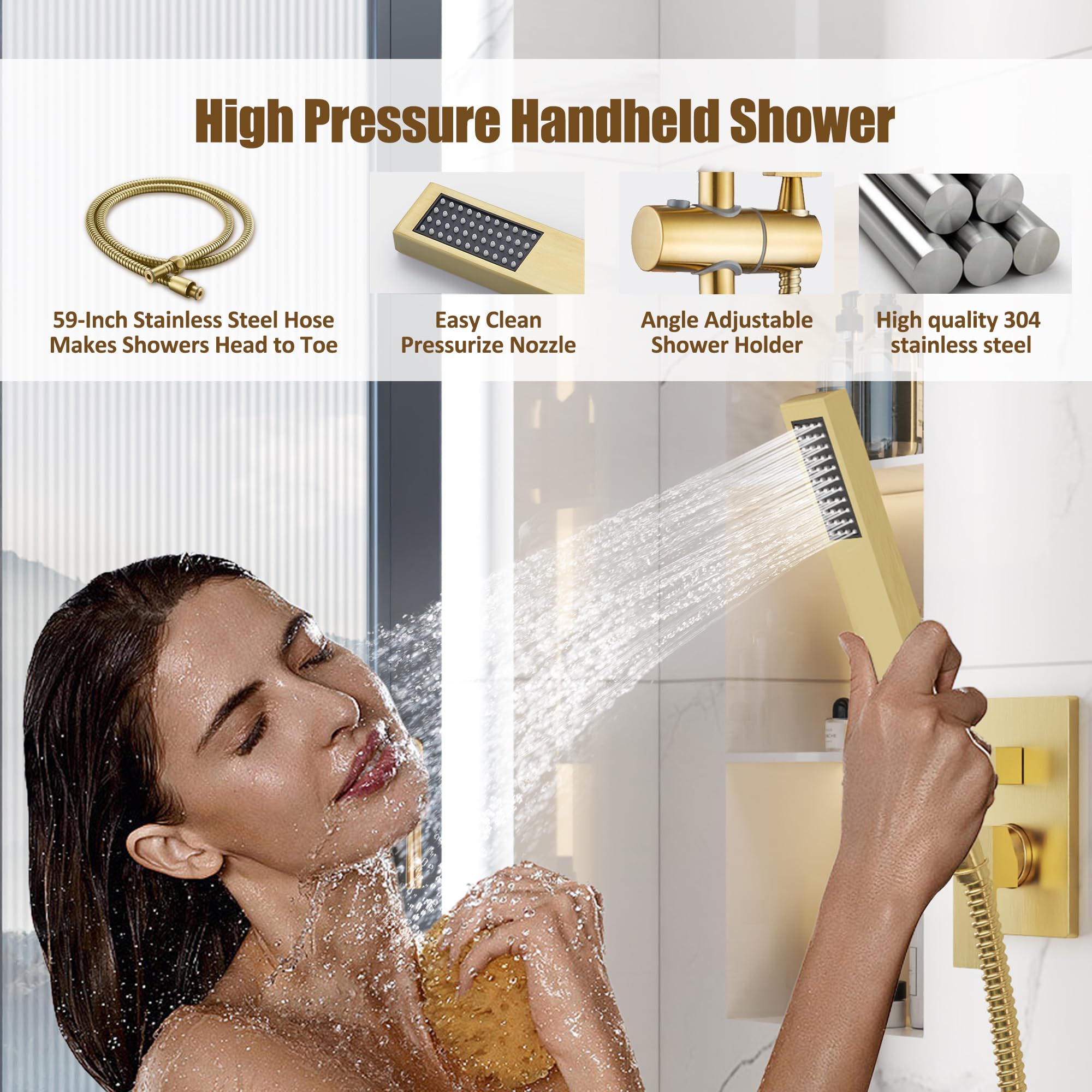 ESNBIA Brushed Gold Shower System - 10 Inch Rain Shower Head & Handheld Spray Combo, Wall Mounted Slide Bar Faucet with Mixer Valve, High Pressure Bathroom Fixture for Luxury Spa-Like Experience