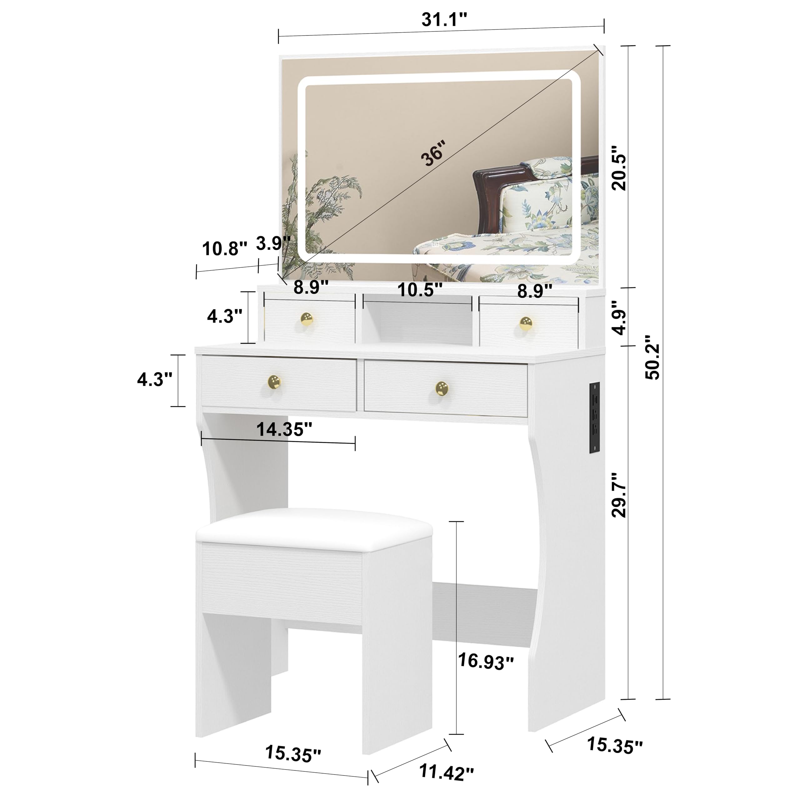 Vanity Desk Set with Adjustable LED Lighted Mirror & Stool - 4-Drawer Makeup Dressing Table with Power Outlet for Girls & Women - Perfect for Bedroom, Dorm, or Home Beauty Station (White)