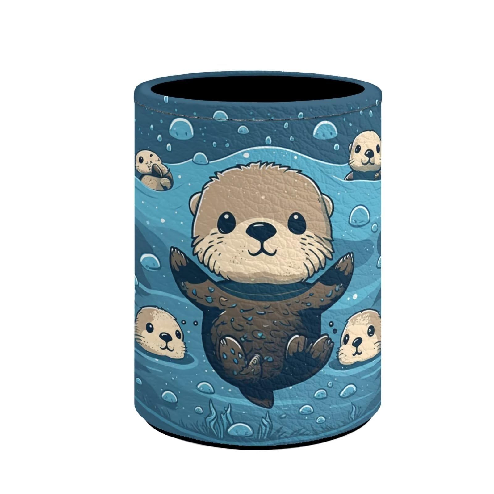 Upetstory Adorable Sea Otter Leather Pen Holder - Cute Pencil Cup & Makeup Brush Organizer for Desk, School, Office | Perfect Workspace Storage Solution for Stationery, Cosmetics & Office Supplies