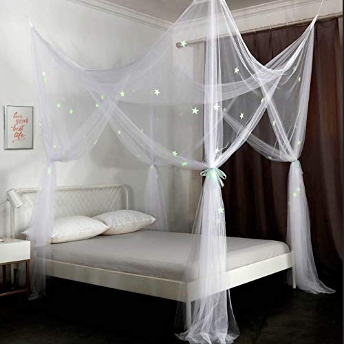 OctoRose Glow in The Dark 4-Poster Bed Canopy with Stars - White Hanging Mosquito Net for Full/Queen/King Size Beds (76
