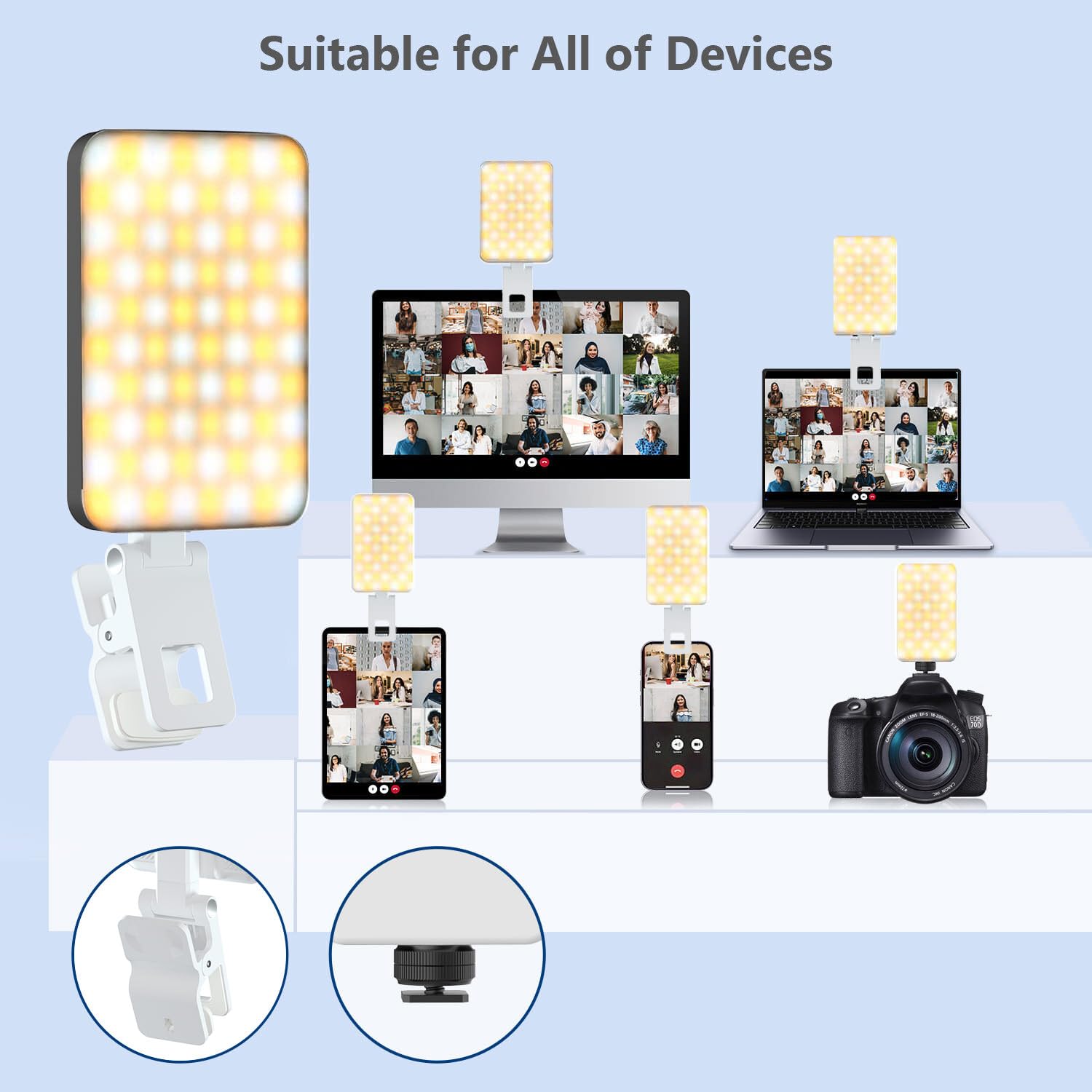 80 LED Rechargeable Selfie Light with Diffuser - Portable Phone & Laptop Lighting for Video Conference, TikTok Recording, Makeup - Compatible with Camera Tripod | Perfect for Content Creators, Live Streaming & Home Office