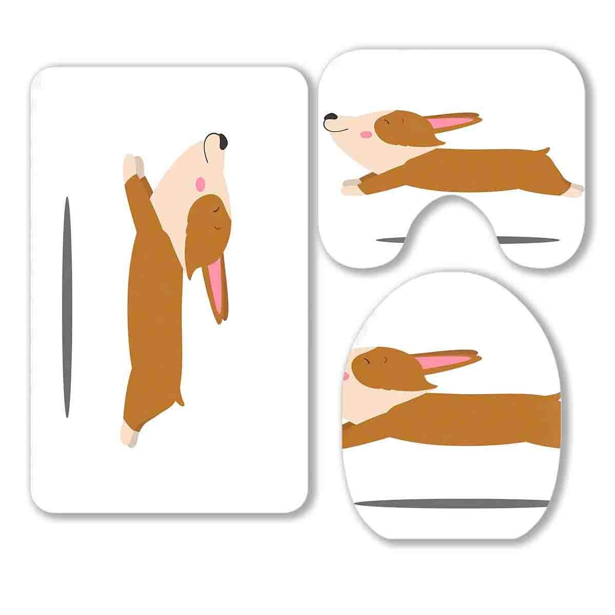 ECZJNT Cute Welsh Corgi Puppy 3-Piece Bathroom Rug Set - Non-Slip Bath Mat, Contour Mat & Toilet Lid Cover - Soft Pet-Themed Bathroom Decor for Dog Lovers