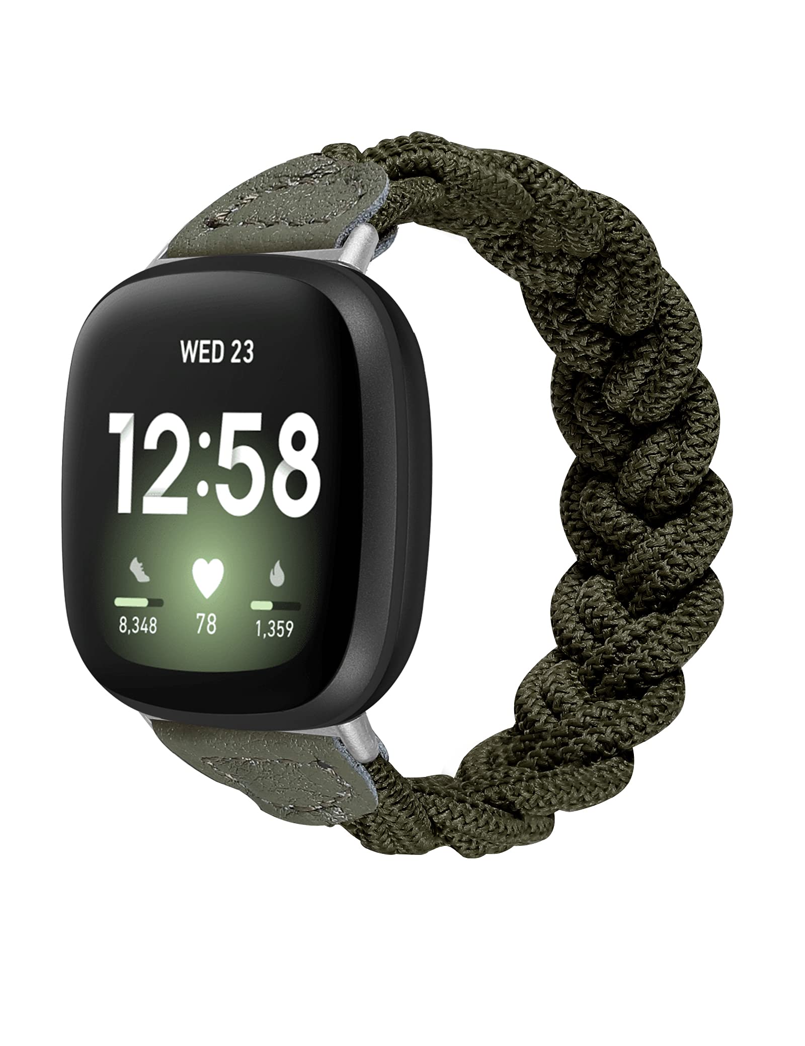 Fitbit Sense/Versa 3/Sense 2/Versa 4 Replacement Bands - Slim Braided Stretch Woven Wristband for Women, Elastic Solo Loop Strap in Army Green (Size L) - Perfect for Workouts, Running & Everyday Wear