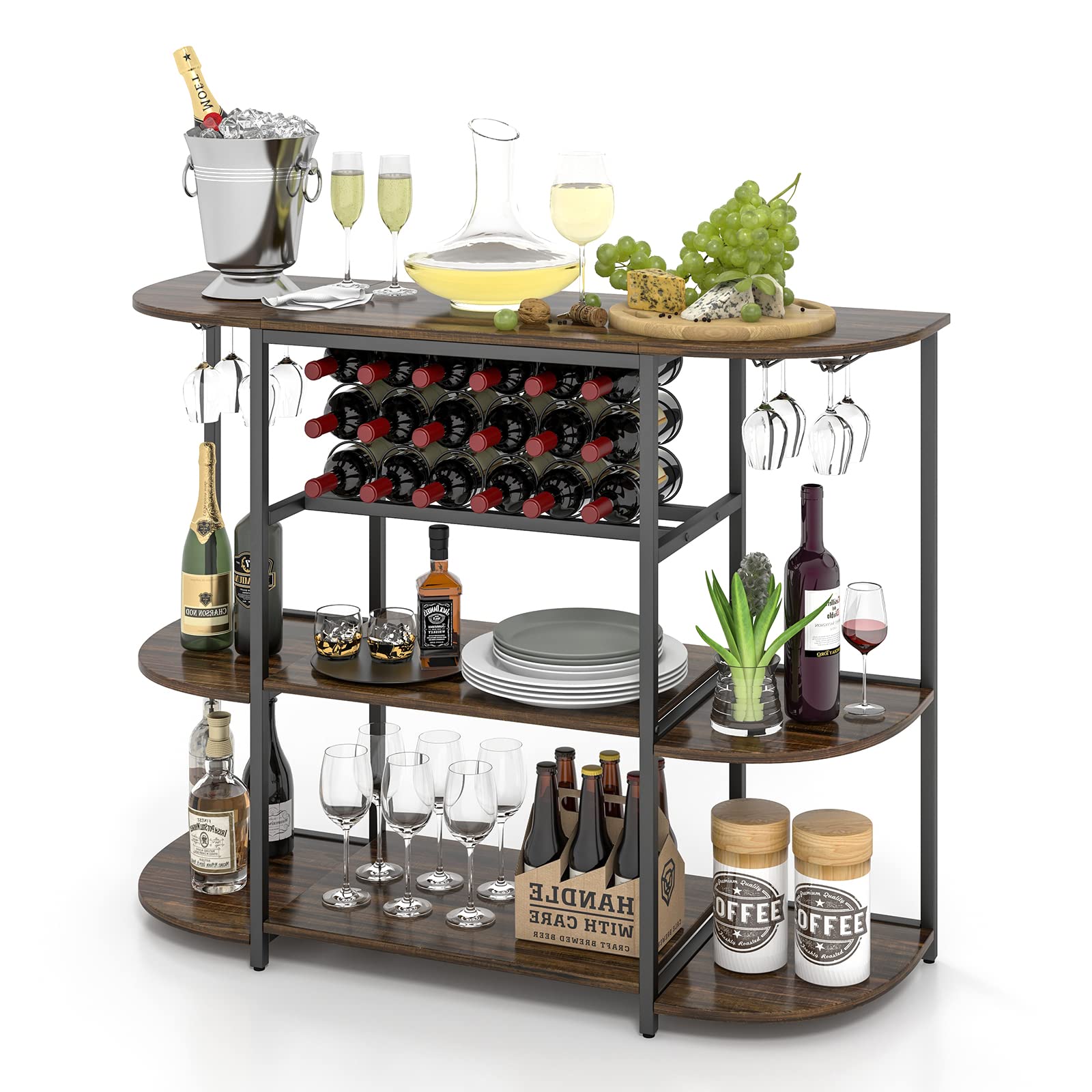 LOKO 47-Inch Industrial Wine Bar Cabinet with Wine Rack & Glass Holders - Freestanding Floor Bar Storage for Liquor, Wine Bottles and Glasses - Rustic Brown Finish for Home Kitchen, Dining Room, Bar or Entertainment Area