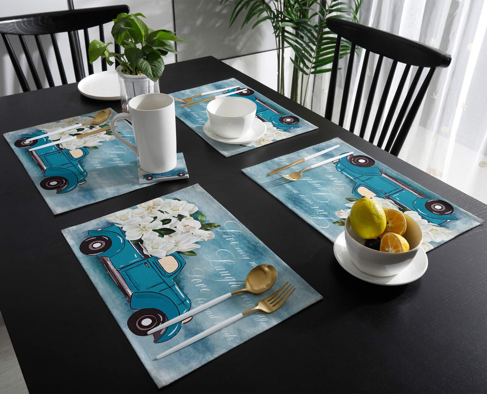 4-Pack White Floral Blue Truck Placemats - Heat-Resistant Cotton Linen Table Mats for Dining, Farmhouse & Holiday Decor - Non-Slip Kitchen Table Mats for Everyday Use & Special Occasions