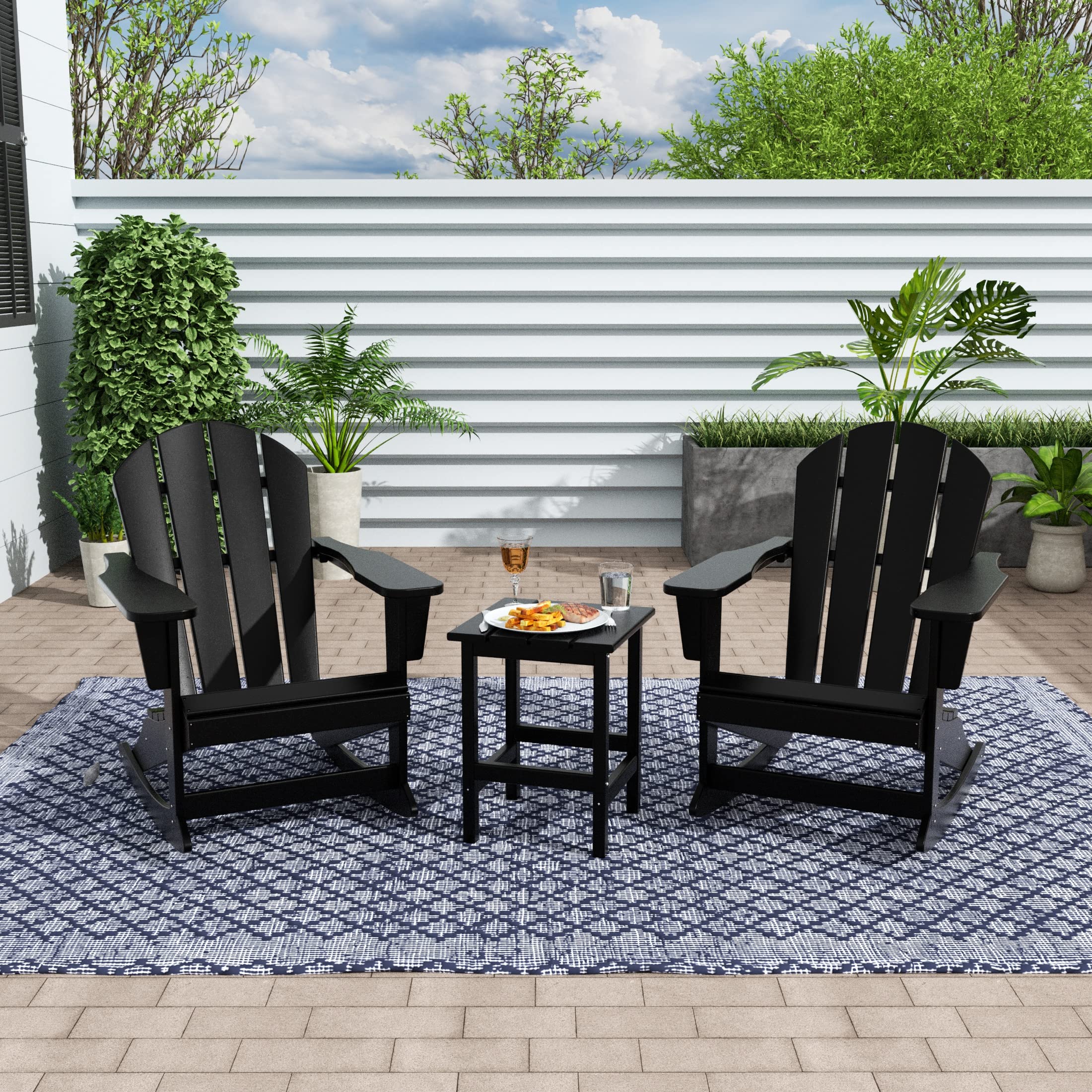 WestinTrends Malibu 2-Piece Outdoor Rocking Chair Set - All-Weather Poly Lumber Patio Furniture with Side Table - Black Adirondack Rockers for Porch, Garden & Backyard Relaxation