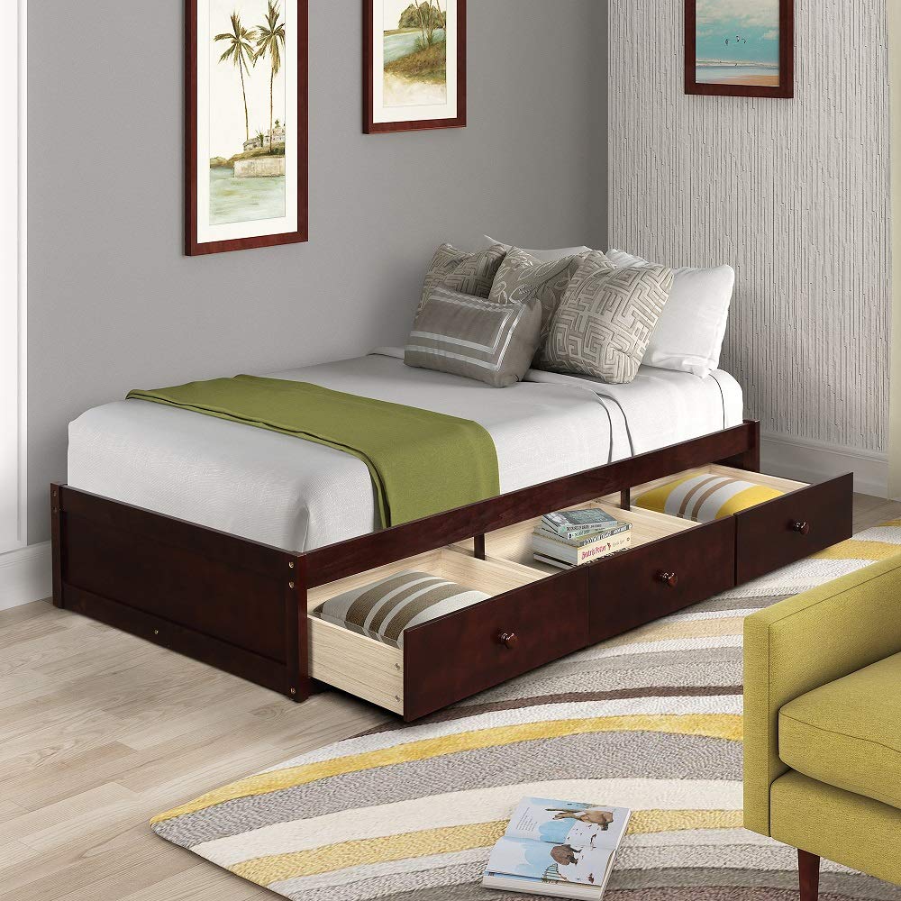 Rhomtree Twin Size Storage Platform Bed Frame with 3 Drawers - Espresso Finish | Space-Saving Captain Bed for Small Bedrooms & Kids Rooms