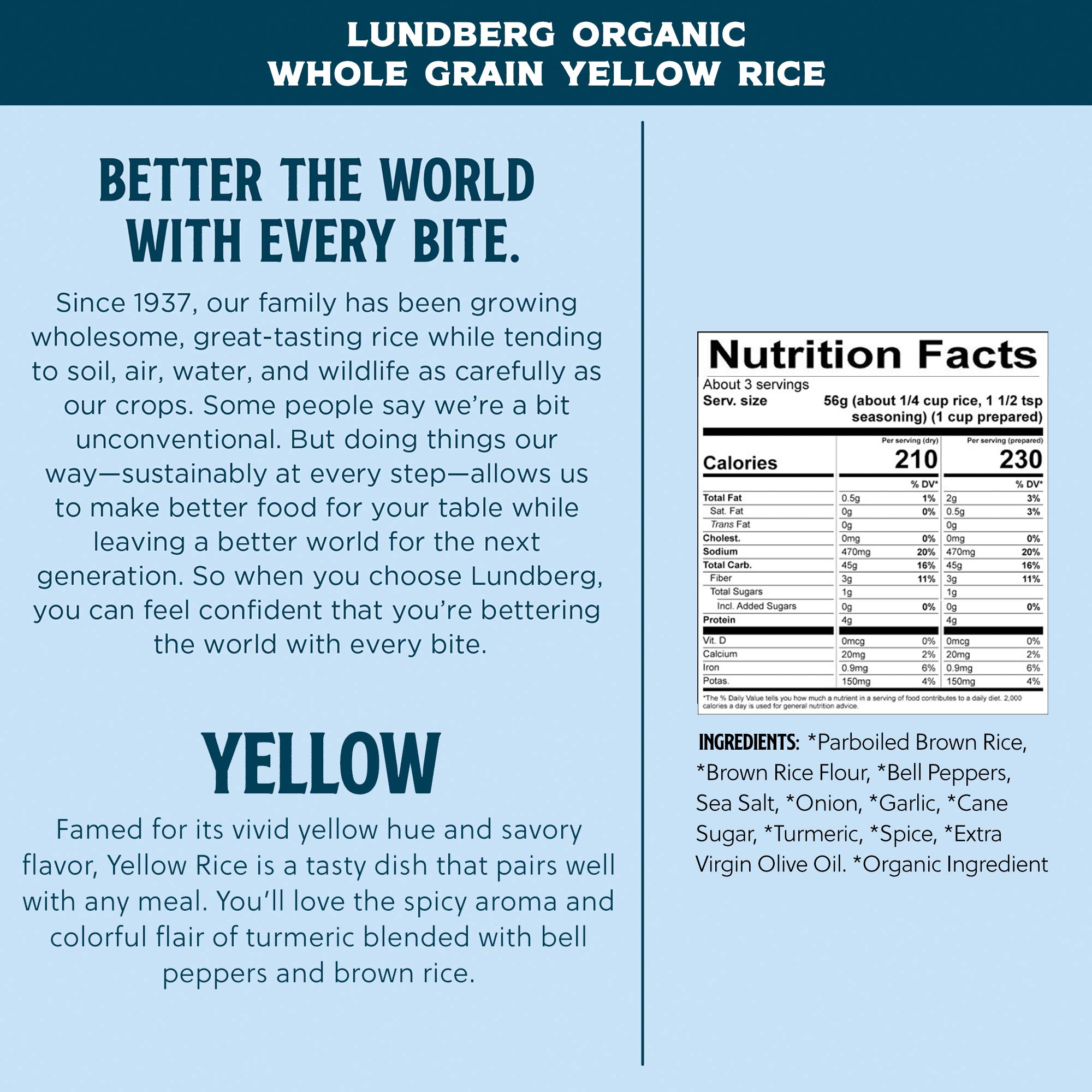 Organic Whole Grain Yellow Rice - Lundberg Family Farms | Savory Blend, Non-GMO, Gluten-Free, USDA Certified, Vegan & Kosher (6 oz, 6-Pack) - Perfect for Side Dishes, Meal Prep & Healthy Pantry Staples