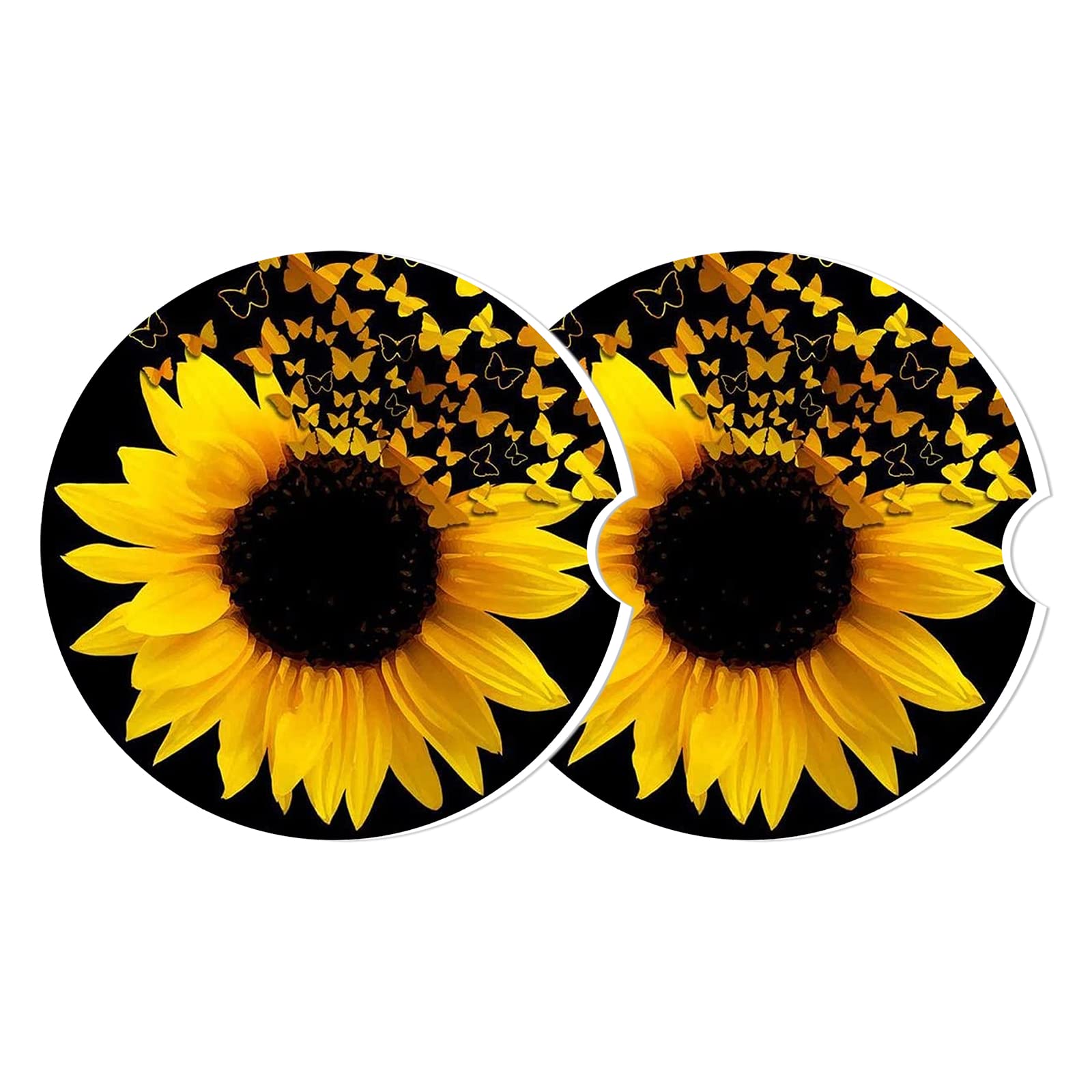 2 Pack Sunflower Ceramic Car Cup Holder Coasters - Absorbent Drink Coasters for Auto Accessories, Perfect Gift for Men & Women (Black Sunflower with Butterflies) - Keep Your Car Clean & Stylish While Driving