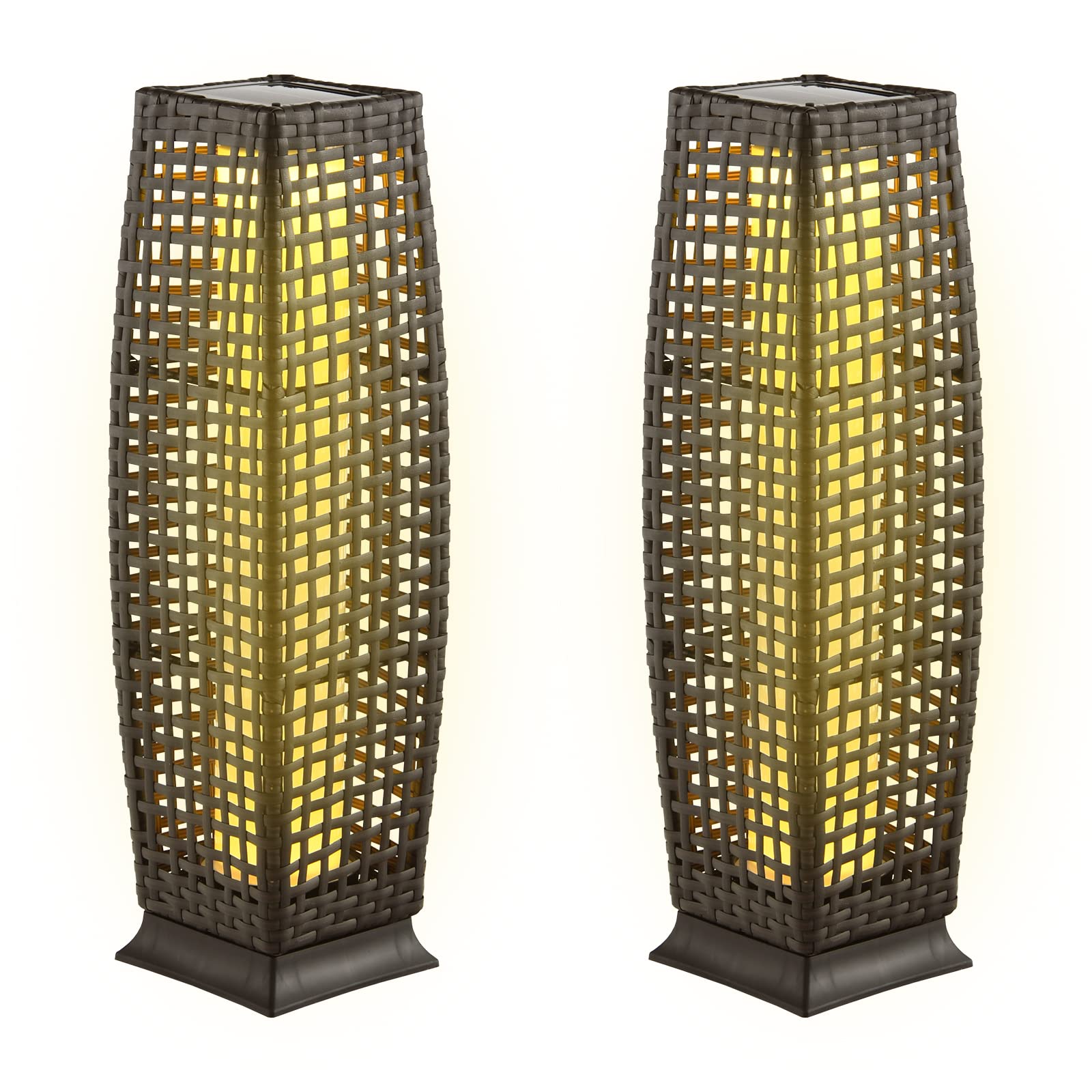 Tangkula 2-Piece Solar Powered Outdoor Floor Lamps - IP65 Waterproof Wicker LED Lanterns with Auto On/Off for Garden, Patio, Porch, Deck & Pathway Lighting (Cross-Mix Brown) | Weather-Resistant Decorative Lighting for Backyard, Poolside & Landscape