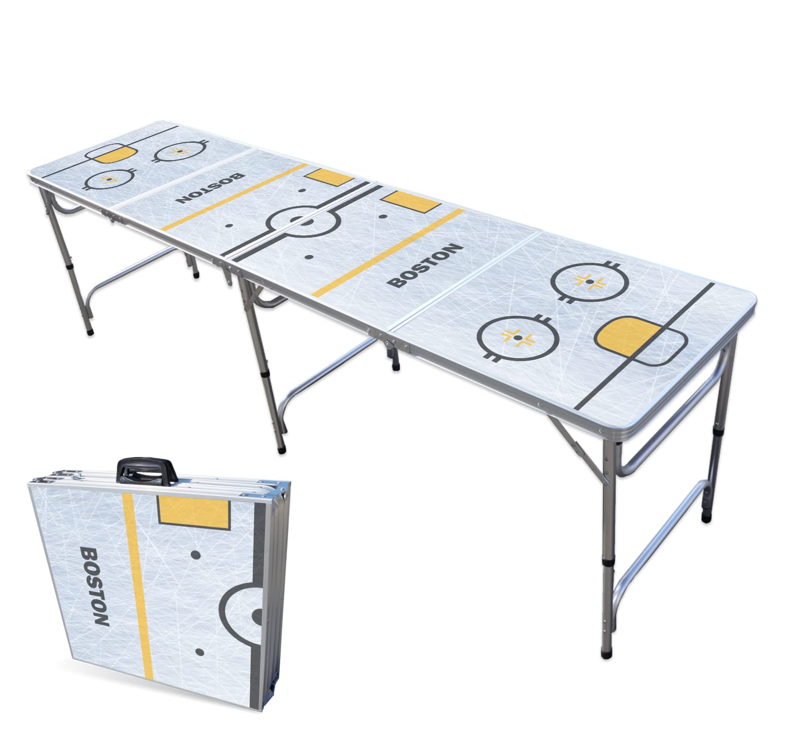 PARTYPONG 8-Foot Folding Portable Beer Pong Table with LED Lights & Optional Cup Holders - Boston Hockey Rink Design for Indoor/Outdoor Parties, Tailgates & Game Nights