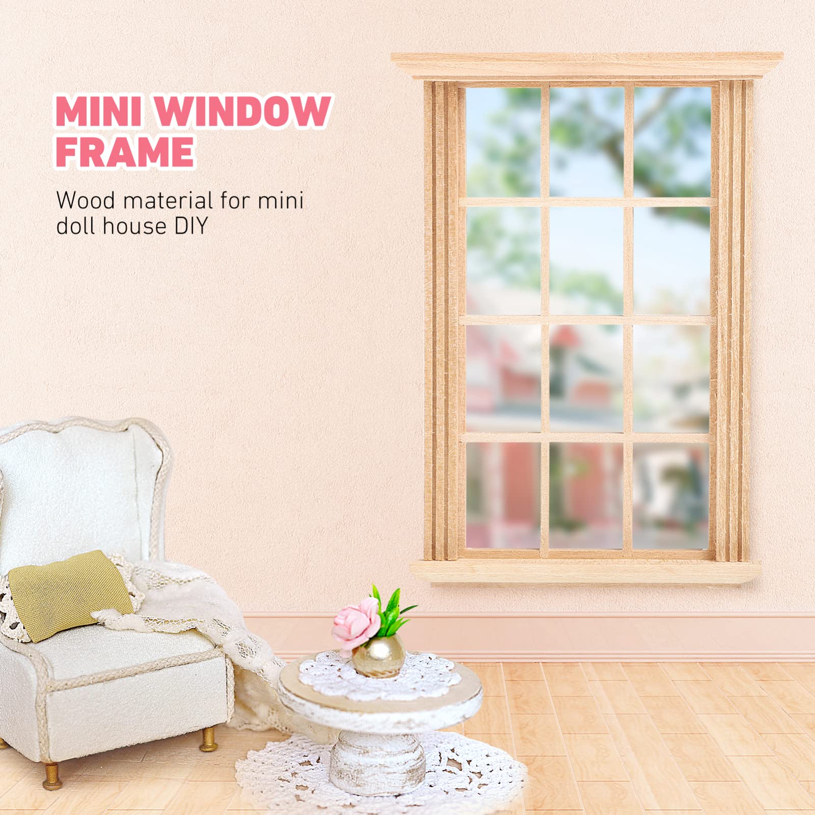 2PCS Miniature Dollhouse Window Frames - Tiny Wooden Windows for DIY Doll House Decor, Model Building & Miniature Scenes - Perfect for Dollhouse Accessories, Fairy Gardens & Craft Projects