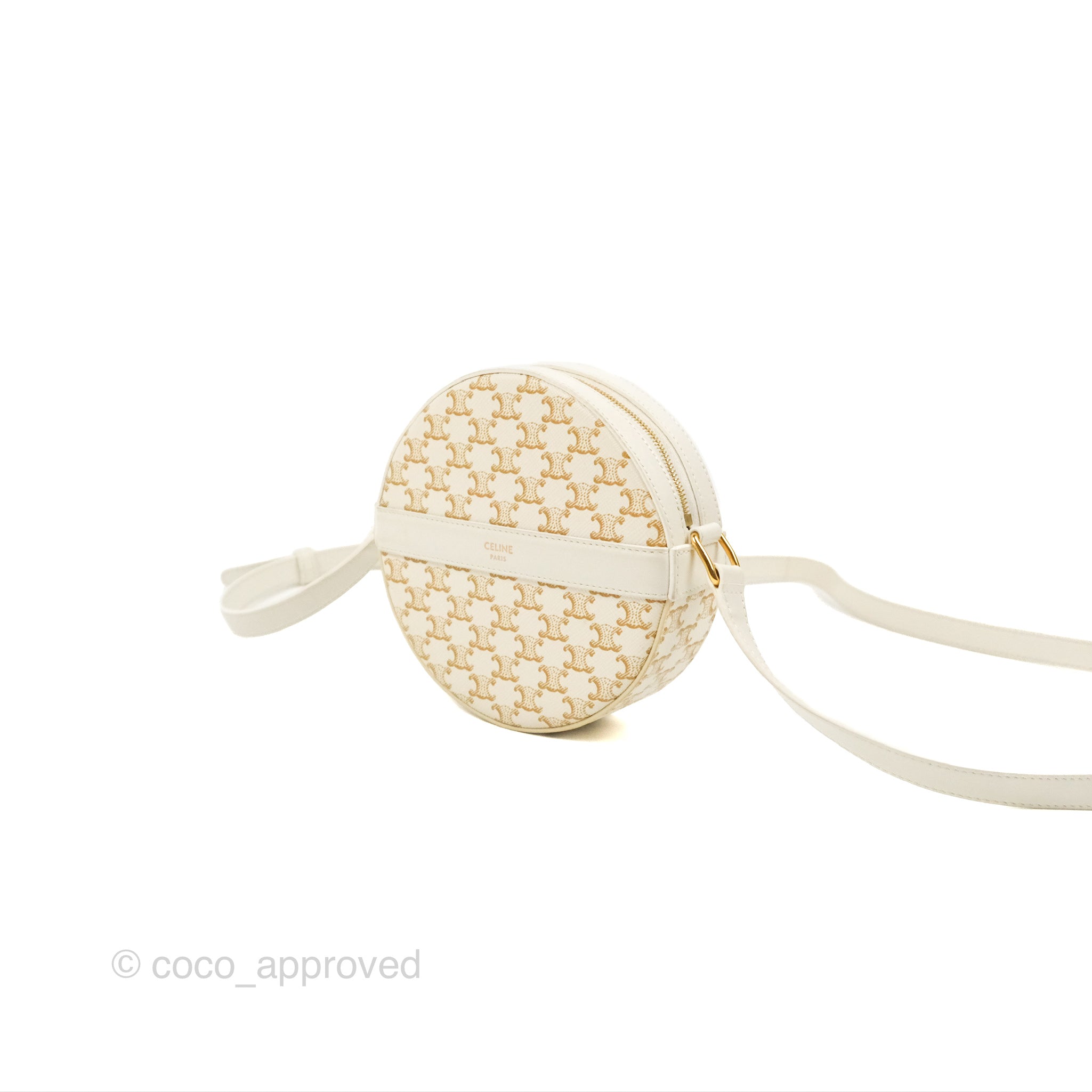 Celine Triomphe Canvas Round Crossbody Bag with Strap - White Calfskin Leather Purse for Women | Perfect for Everyday Use, Date Nights & Travel
