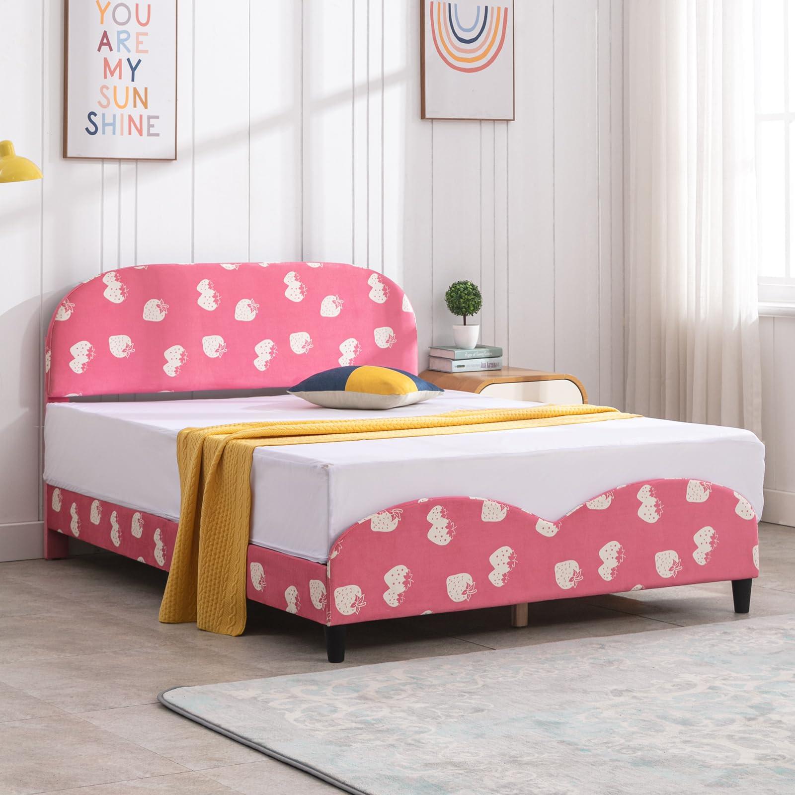 ZAFLY Twin Bed Frame for Kids - Sturdy Wooden Slats with Comfy Cushioned Headboard, No Box Spring Needed - Perfect for Girls Bedroom, Dorm or Sleepover (Strawberry)
