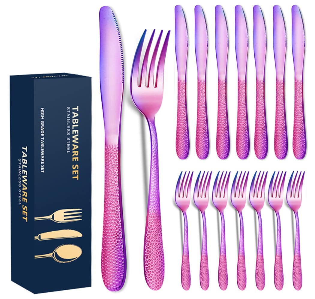 XIAOYU 16-Piece Stainless Steel Flatware Set - Hammered Silverware Dinner Knives & Forks for 8 People | Elegant Cutlery for Home, Kitchen & Restaurant Use | Durable Rainbow-Colored Utensils for Everyday Dining & Special Occasions