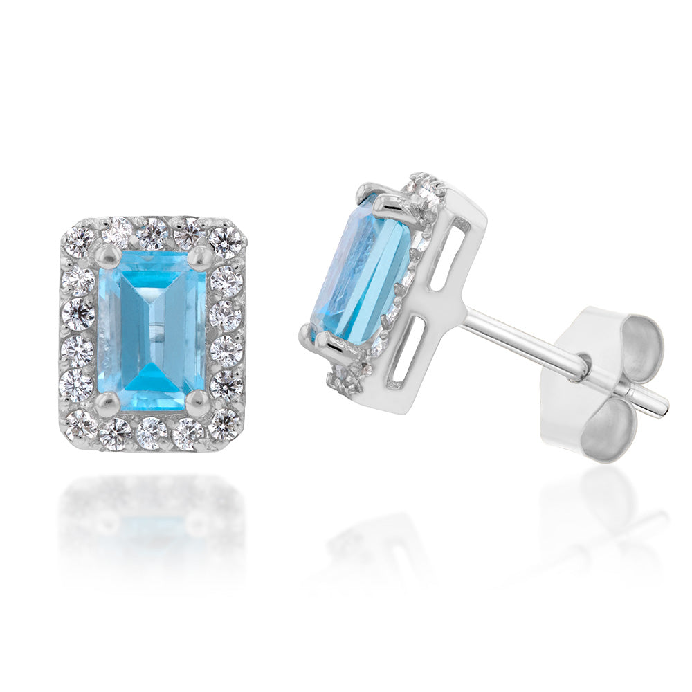 9ct White Gold Blue Topaz & Zirconia Emerald Cut Stud Earrings - Elegant Jewelry for Women, Perfect for Weddings, Parties & Special Occasions