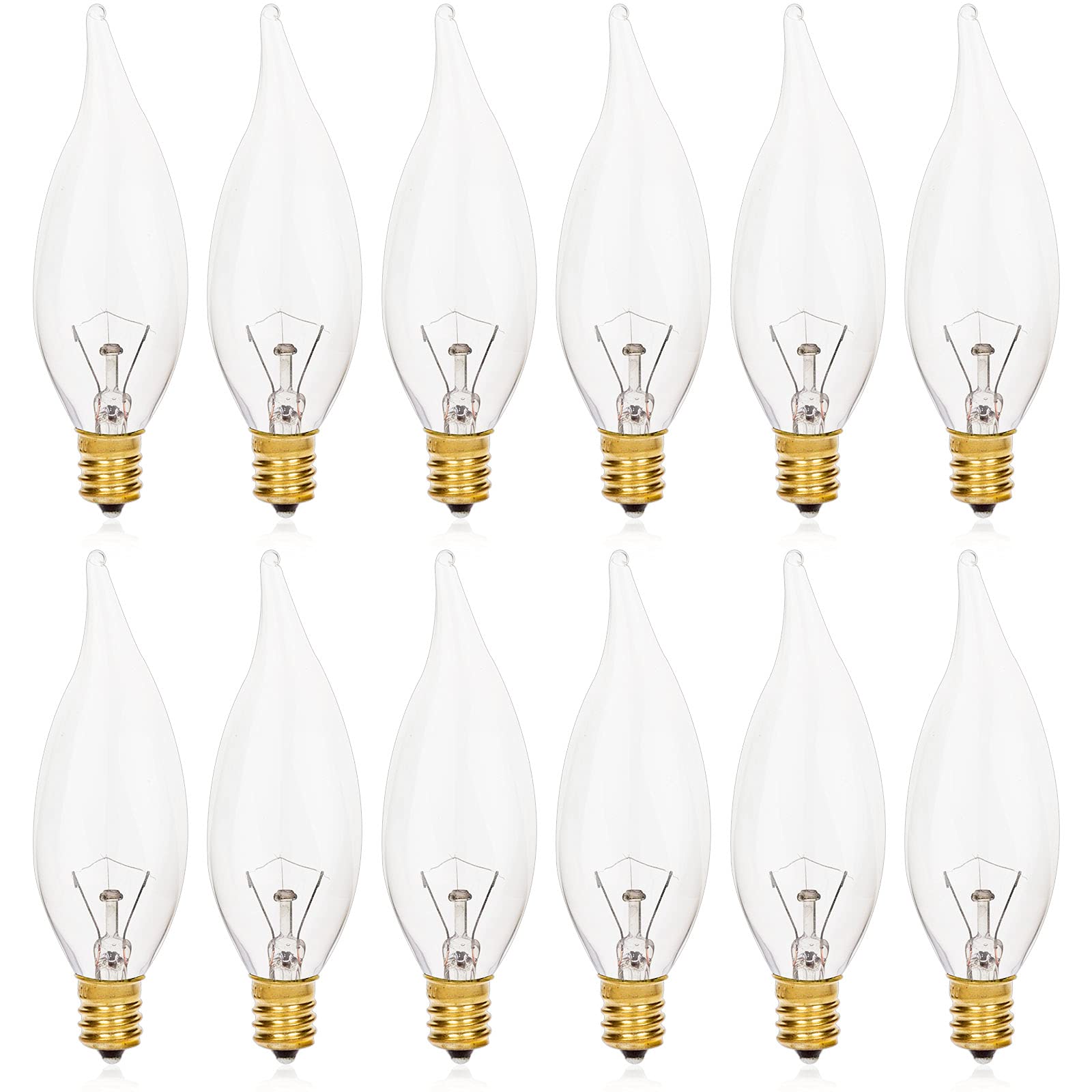 12 Pack E12 Base 40W 120V CA10 B10 CTC Candelabra Flame Tip Clear Dimmable Light Bulbs - Transparent Candle Bulbs for Chandeliers, Ceiling Fans, Pendants, Fireplace & Home Decor - Perfect for Dining Room, Bedroom, Living Room Lighting
