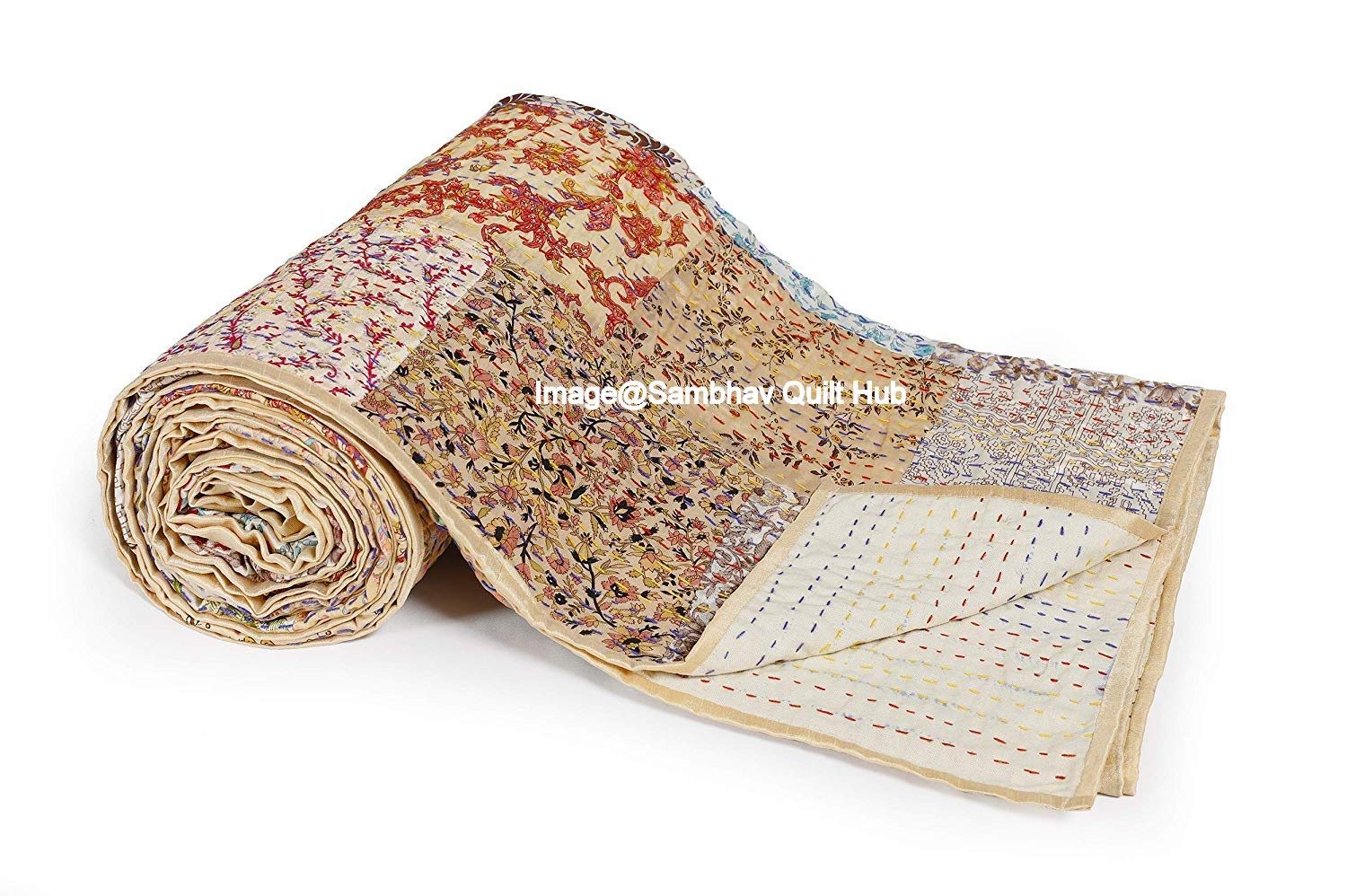 Handmade Silk Sari Patola Queen Size Kantha Quilt - 90x108 Inch Luxury Silk Bedspread & Throw Blanket - Multicolor Patchwork Design for Twin/King/Queen Beds - Perfect for Home Decor, Wedding Gifts & Cozy Bedroom Use
