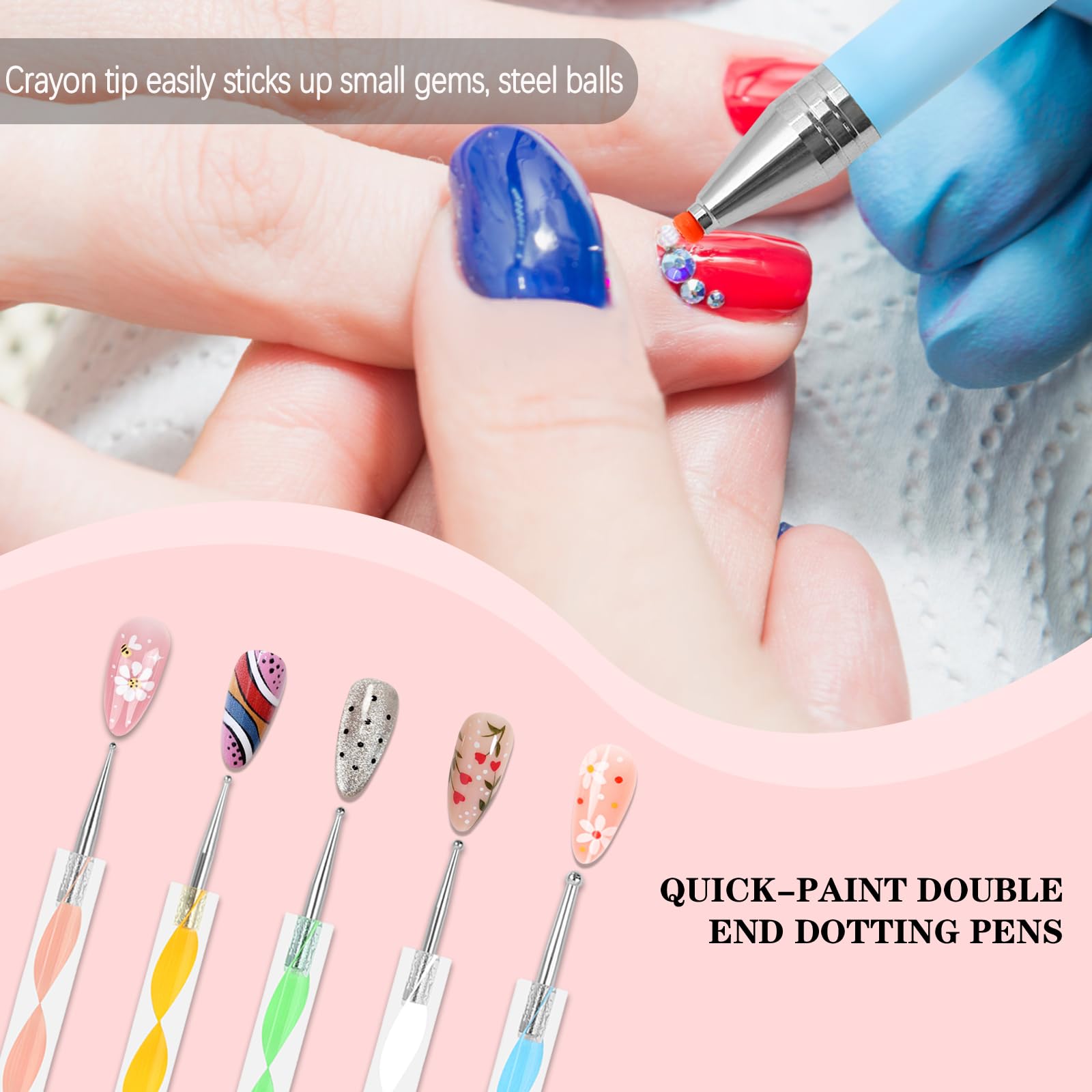 Rhinestone Wax Pencil & Nail Dotting Tool Set - 6 Extra Wax Tips & 5 Dual-Ended Dotting Tools for Crystal Beads, Manicure, Nail Art DIY - Perfect for Professional Salons & Home Nail Decoration (Blue)