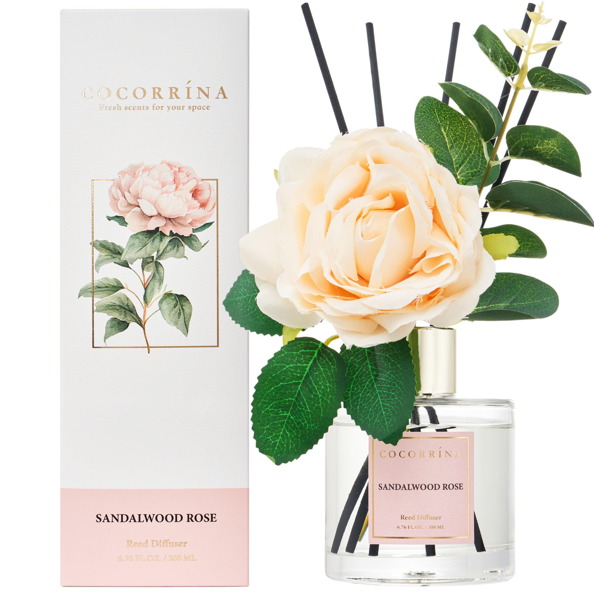 Premium Cocorrina Reed Diffuser Set - 6.7 oz Sandalwood Rose Scented Home Fragrance with Natural Rattan Sticks | Essential Oil Diffuser for Bathroom, Living Room, Bedroom & Office Decor | Long-Lasting Aromatherapy Gift Set for Relaxation & Stress Relief