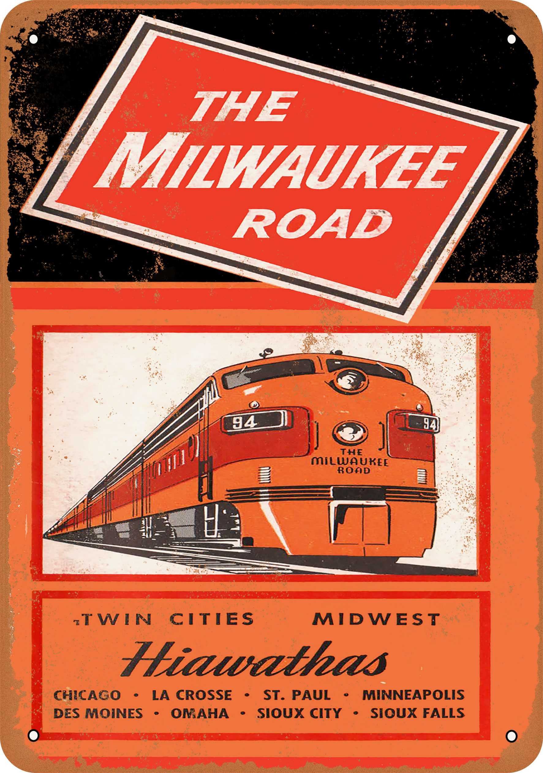 Vintage 1955 Milwaukee Road Hiawathas Metal Sign - 7x10 Inch Rustic Wall Decor for Man Cave, Garage, Bar, or Office - Retro Train Enthusiast Gift