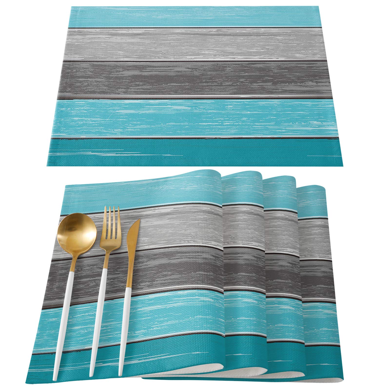 Vintage Ombre Teal Green Wood Grain Placemats Set of 4 - Heat Resistant, Non-Slip Washable Cotton & Linen Table Mats for Dining Table - Perfect for Farmhouse, Rustic, and Retro Home Decor