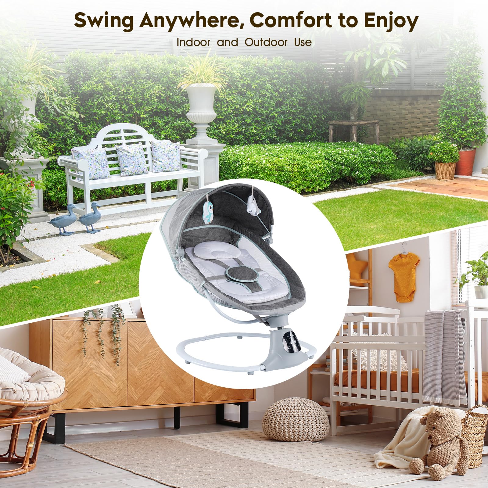 Electric Baby Swing for Infants & Toddlers - Portable Rocker with 5-Point Safety Harness, 5 Speed Settings, Bluetooth Music & 12 Soothing Lullabies - Remote Control Infant Swing for Boys & Girls (Grey) - Perfect for Nursery, Bedtime & Soothing Fussy Babies