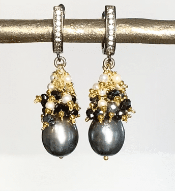Elegant Black Pearl Earrings with White Pearl & Black Spinel Clusters - Lever Back Closure for Women | Perfect for Weddings, Parties & Evening Events
