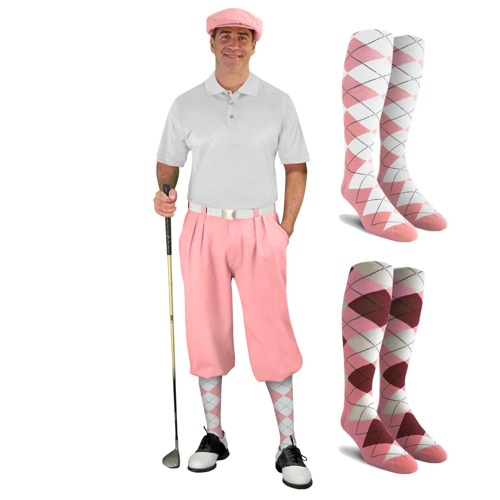 Men's Stylish Pink Golf Outfit Set - Matching Knickers, Cap & 2 Over-The-Calf Socks for Comfortable Golfing & Casual Wear