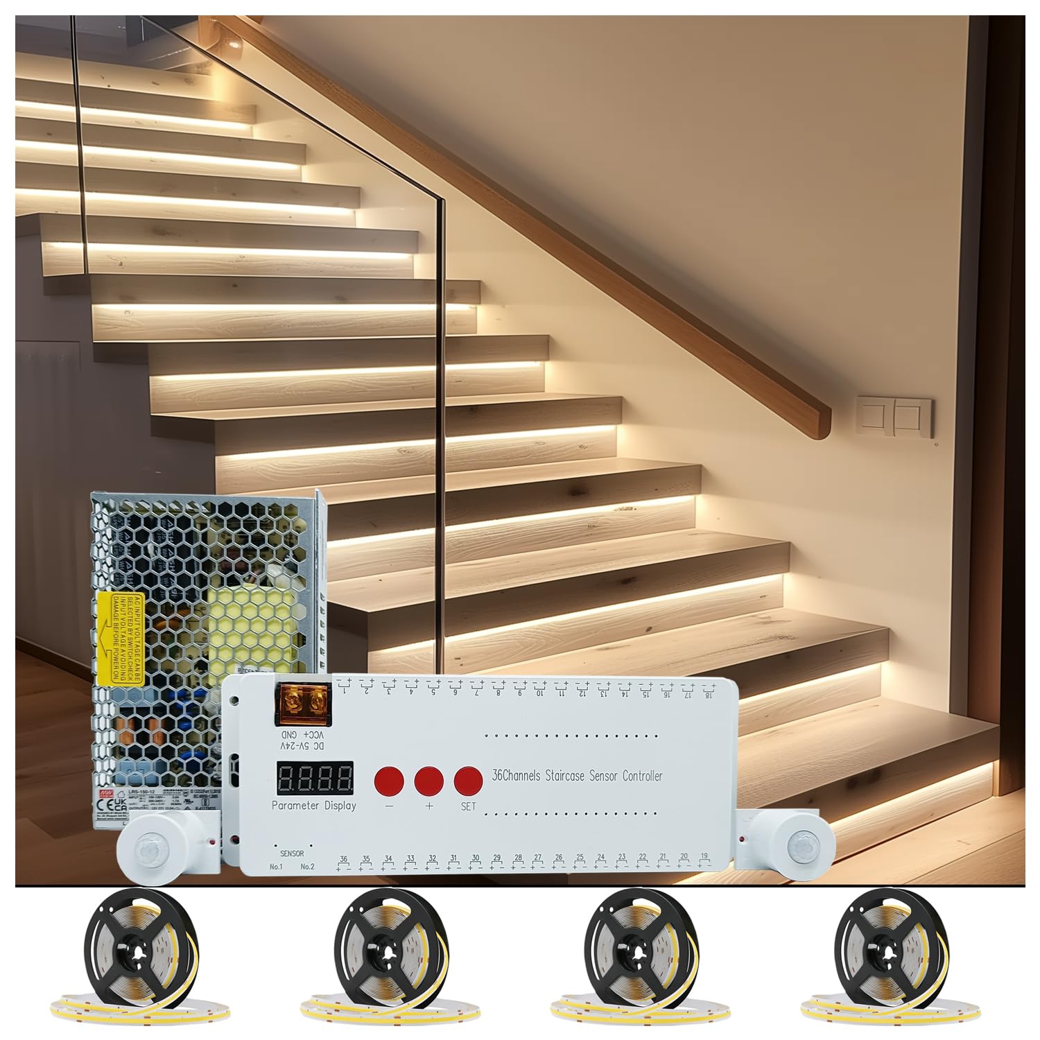 16-Step LED Stair Lights with Motion Sensor - 40 Inch Cool White (6000K) Light Strip for Indoor Staircase Lighting - Perfect for Hallways, Basements & Safe Nighttime Navigation