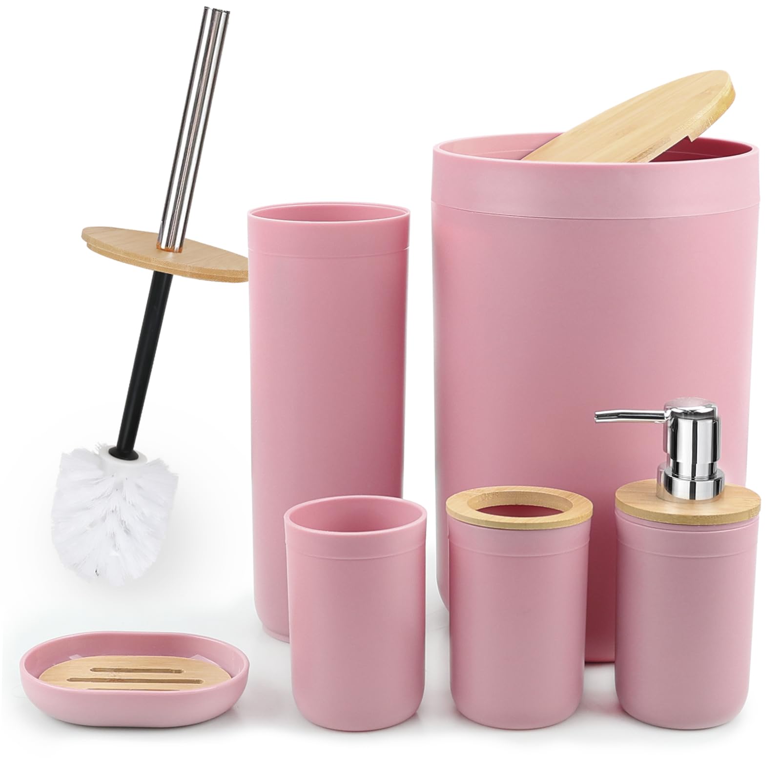 CERBIOR 6-Piece Bamboo Bathroom Accessories Set - Includes Soap Dispenser, Toothbrush Holder, Cup & Soap Dish - Modern Pink Bath Decor for Countertop - Perfect Housewarming Gift for Home & Apartment Decor