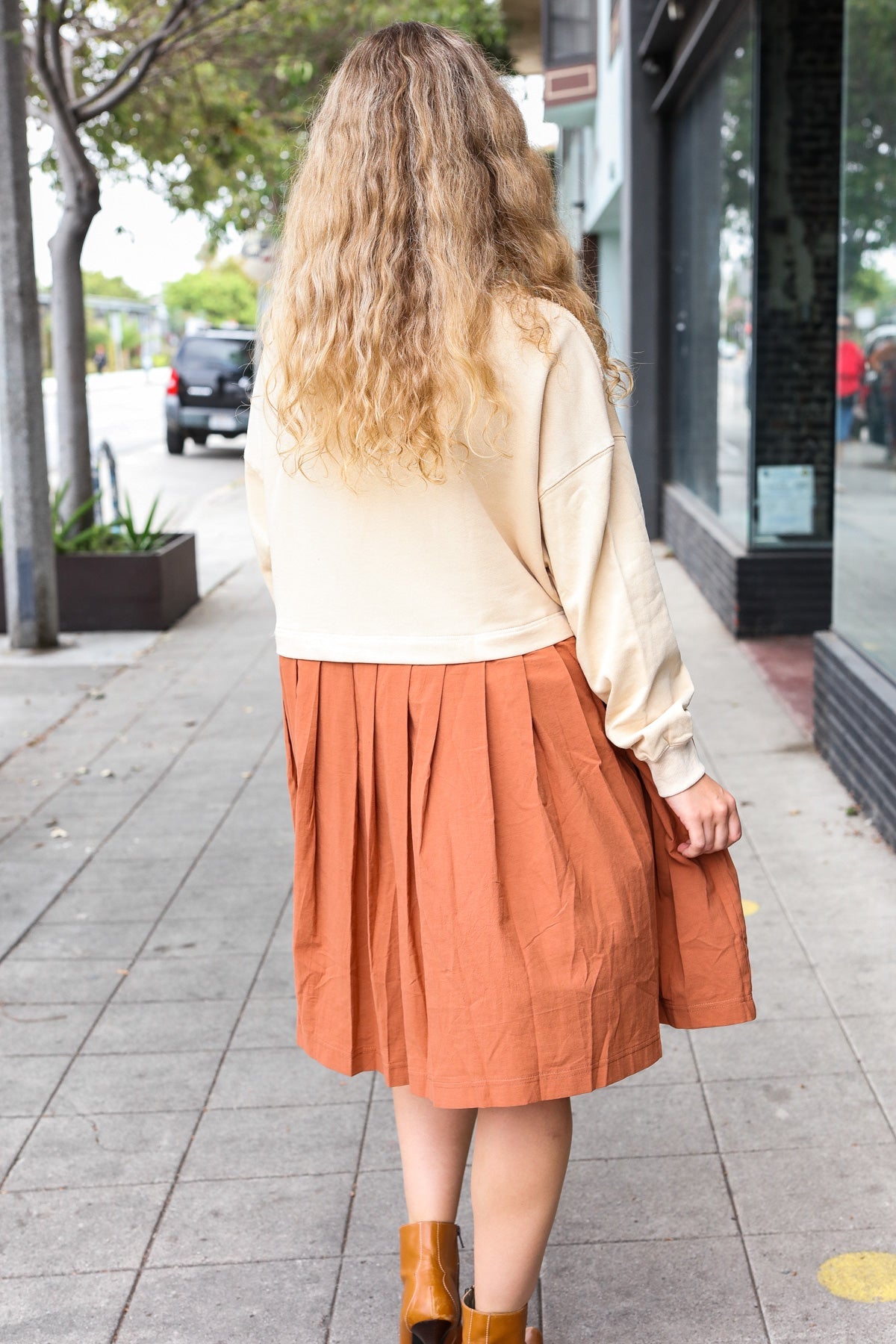 Stylish Bedazzled Cream & Rust Pleated Skirt - French Terry Cotton Dress for Women | Casual & Party Wear | Perfect for Date Nights, Office Outfits & Special Occasions