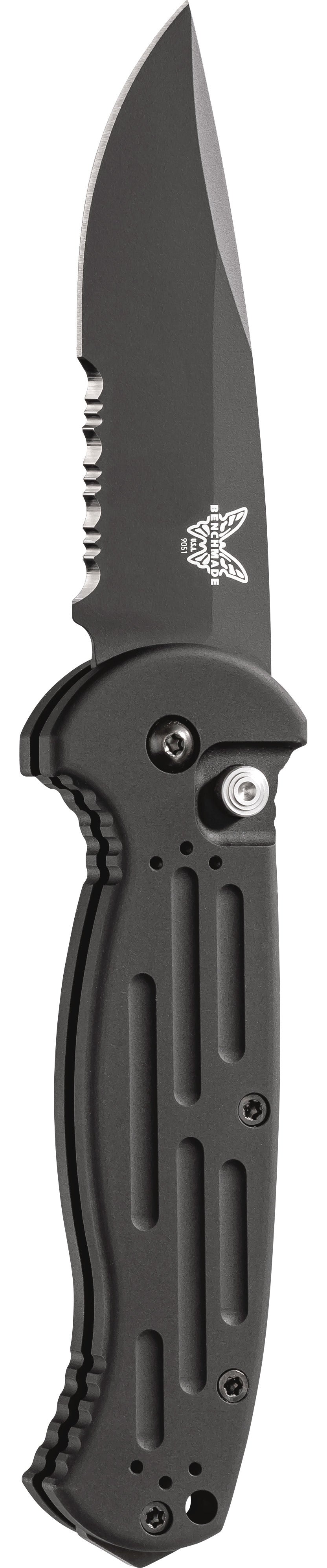Benchmade AFO II 9051SBK Automatic Knife - Partially Serrated Coated Blade, Black Aluminum Handle - Tactical EDC, Outdoor Survival, Camping & Everyday Carry