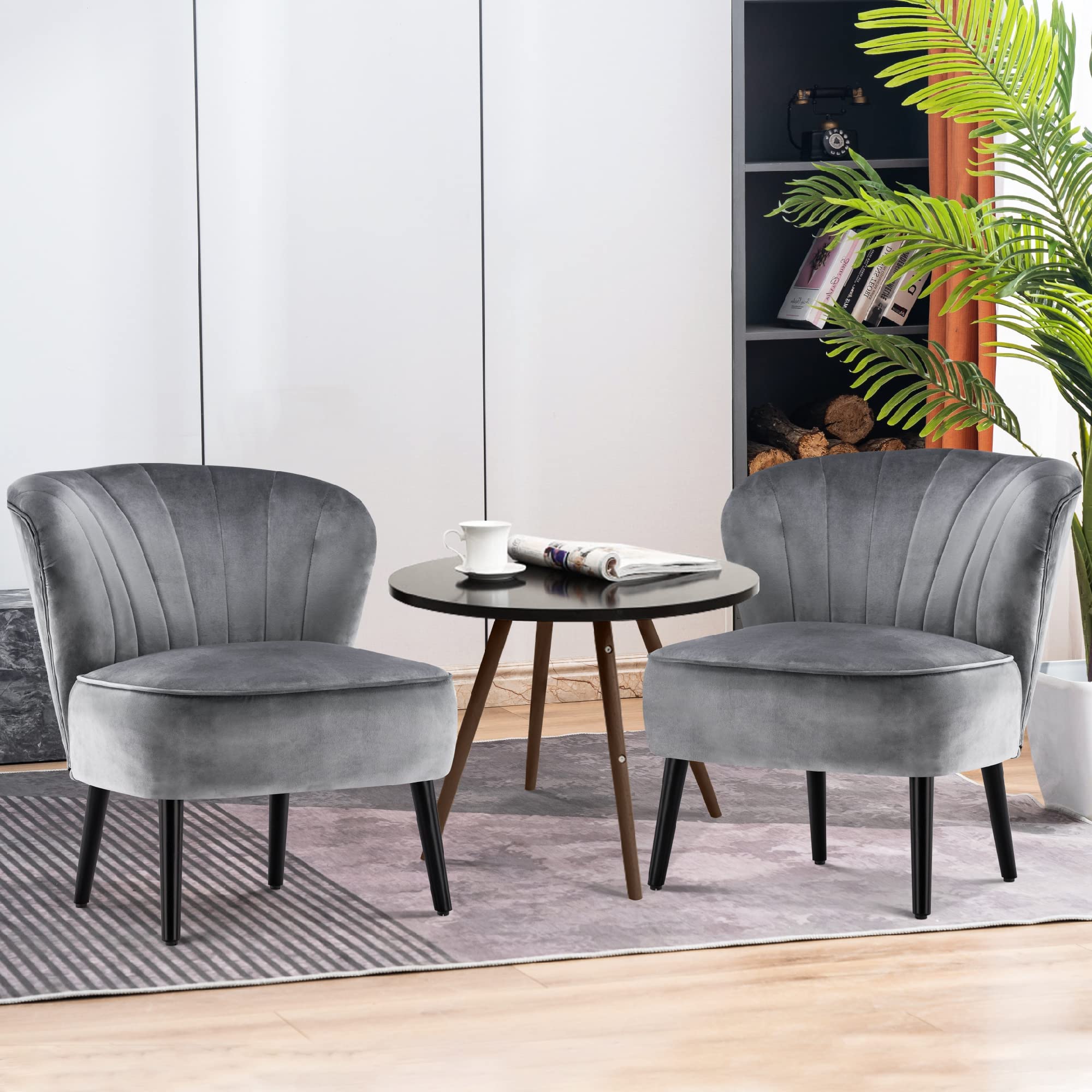 MCombo Set of 2 Modern Velvet Tufted Wingback Accent Chairs with Wood Legs - Dark Grey Upholstered Club Chairs for Living Room, Bedroom & Reception - Perfect for Lounge, Reading Nook or Home Office Seating