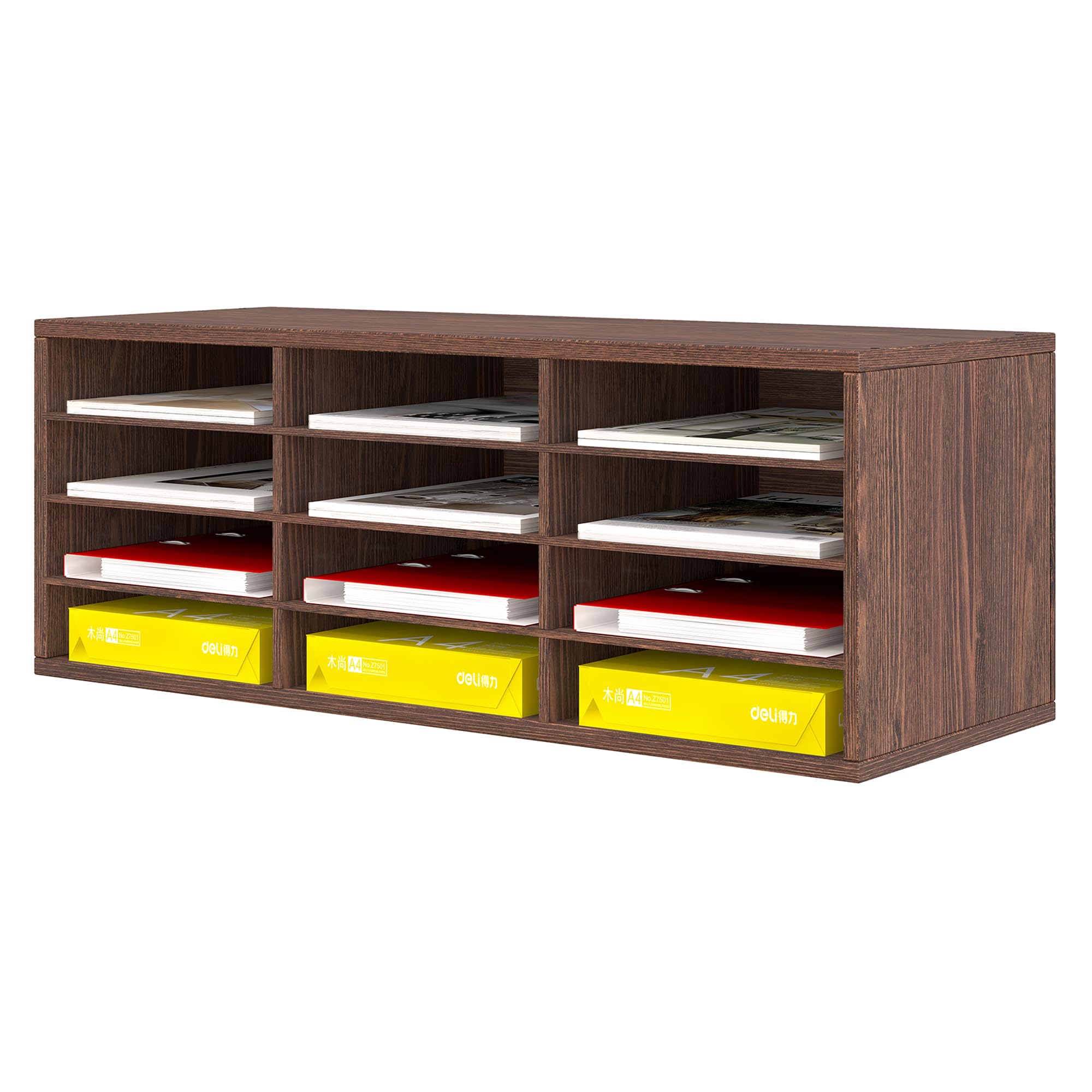12-Drawer Wooden Desk Organizer with Adjustable Shelf - Retro Brown Office File Organizer for Documents, Wrapping Paper Storage - Perfect for Home, Office & Classroom Workspaces