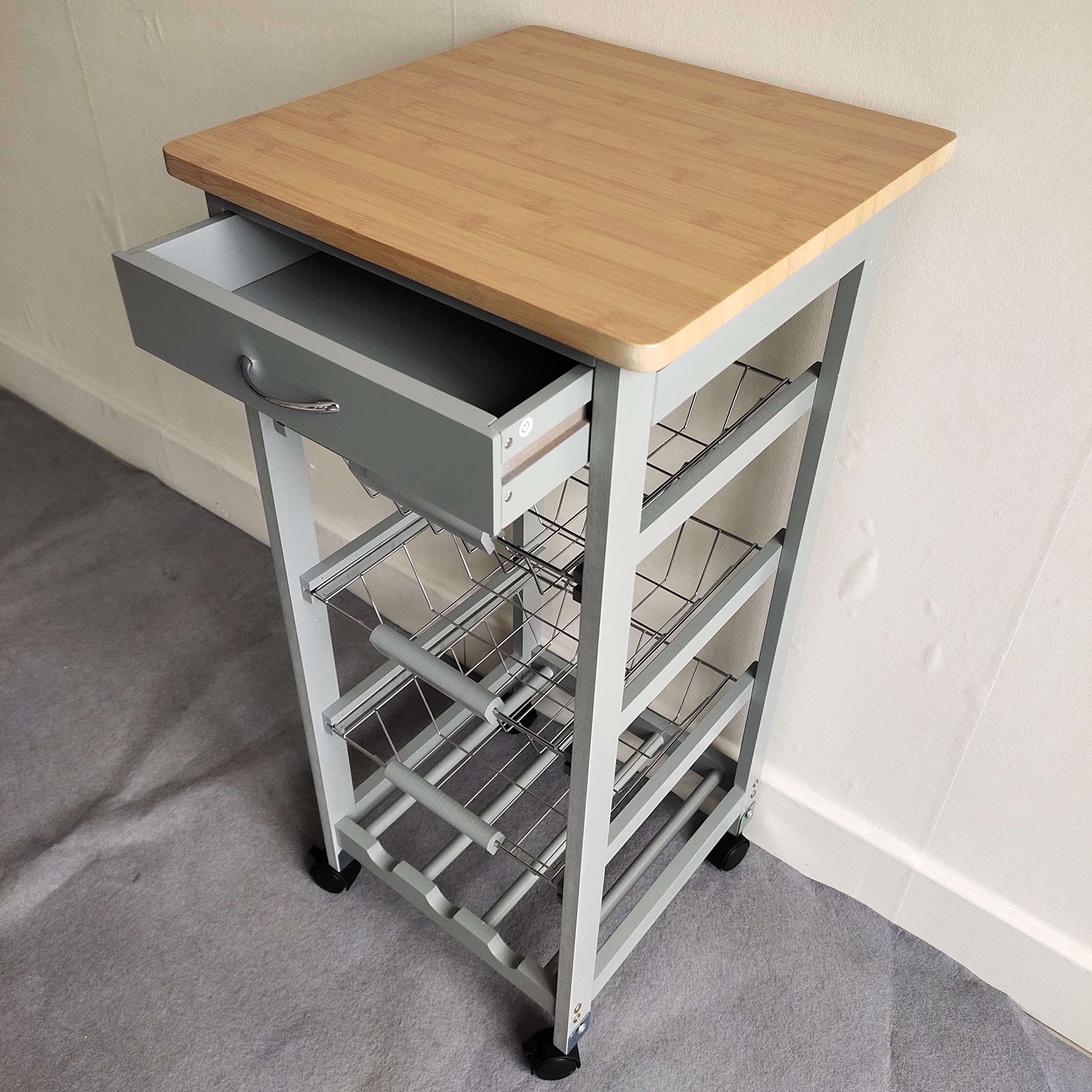 3-Tier White Wooden Kitchen Utility Cart with Wheels - Rolling Storage Organizer with 3 Baskets & Wine Rack - Mobile Storage Solution for Dining Room, Pantry or Living Room - Natural & Grey Finish