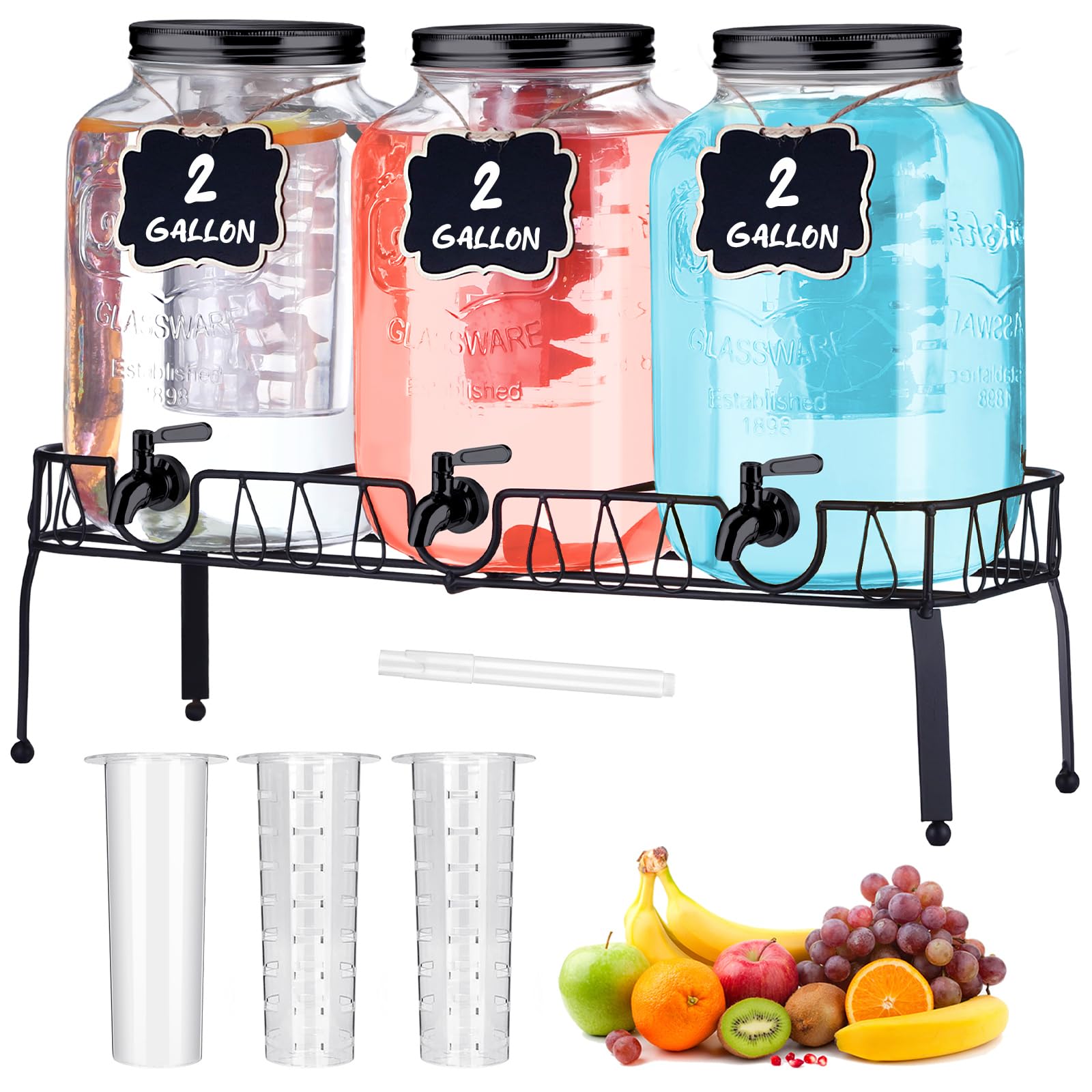 Lallisa 3-Piece 2-Gallon Glass Beverage Dispenser with Stand, Lid & Stainless Steel Spigot - Mason Jar Drink Dispenser with Hanging Chalkboard Signs, Fruit Infuser & Ice Cylinder - Perfect for Parties, Weddings, BBQs & Home Bars (Black)