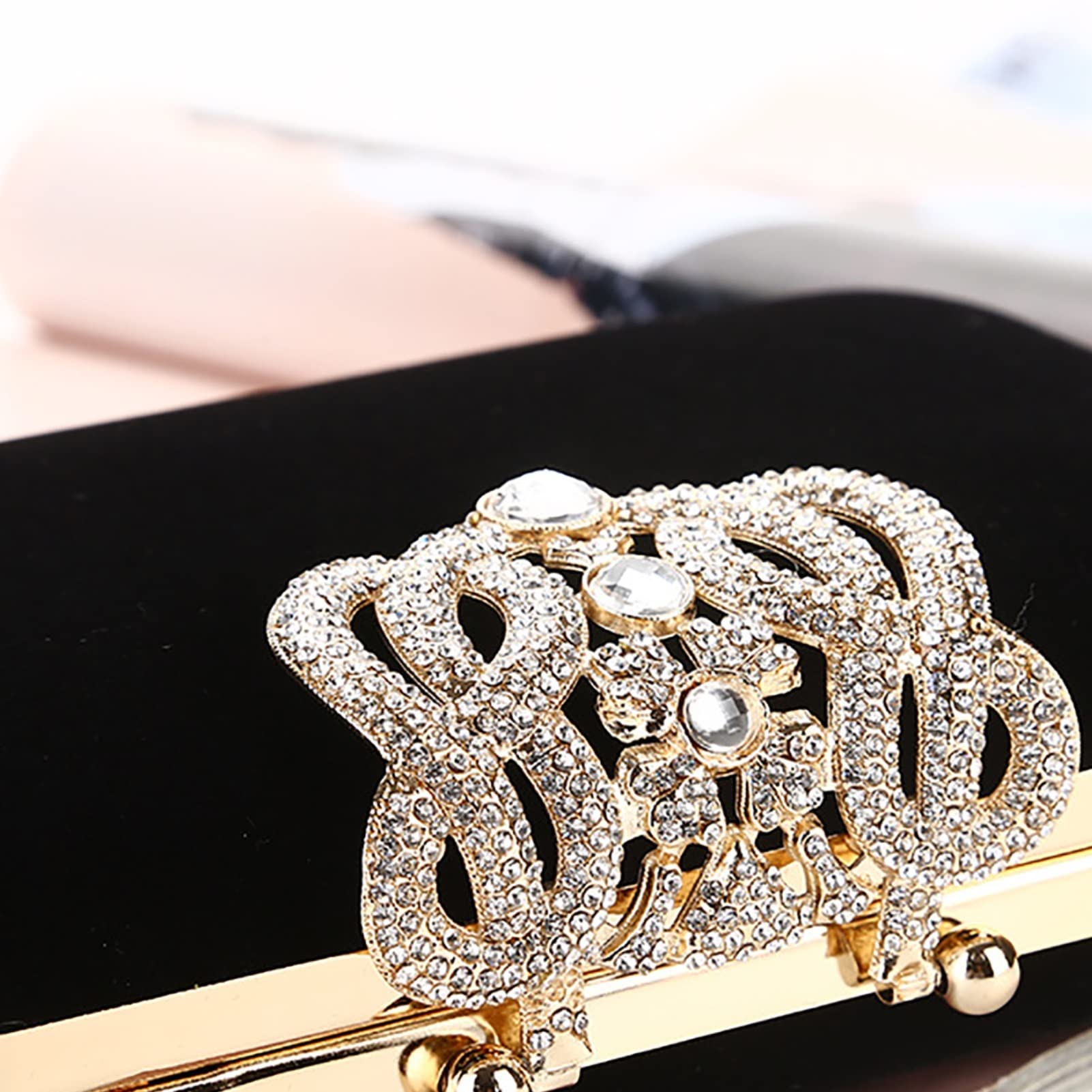Elegant Velvet Evening Clutch Purse with Rhinestone Flower Closure - Women's Shoulder Crossbody Bag for Party, Wedding & Special Occasions (Black) - Perfect for Prom, Cocktail Events & Formal Gatherings